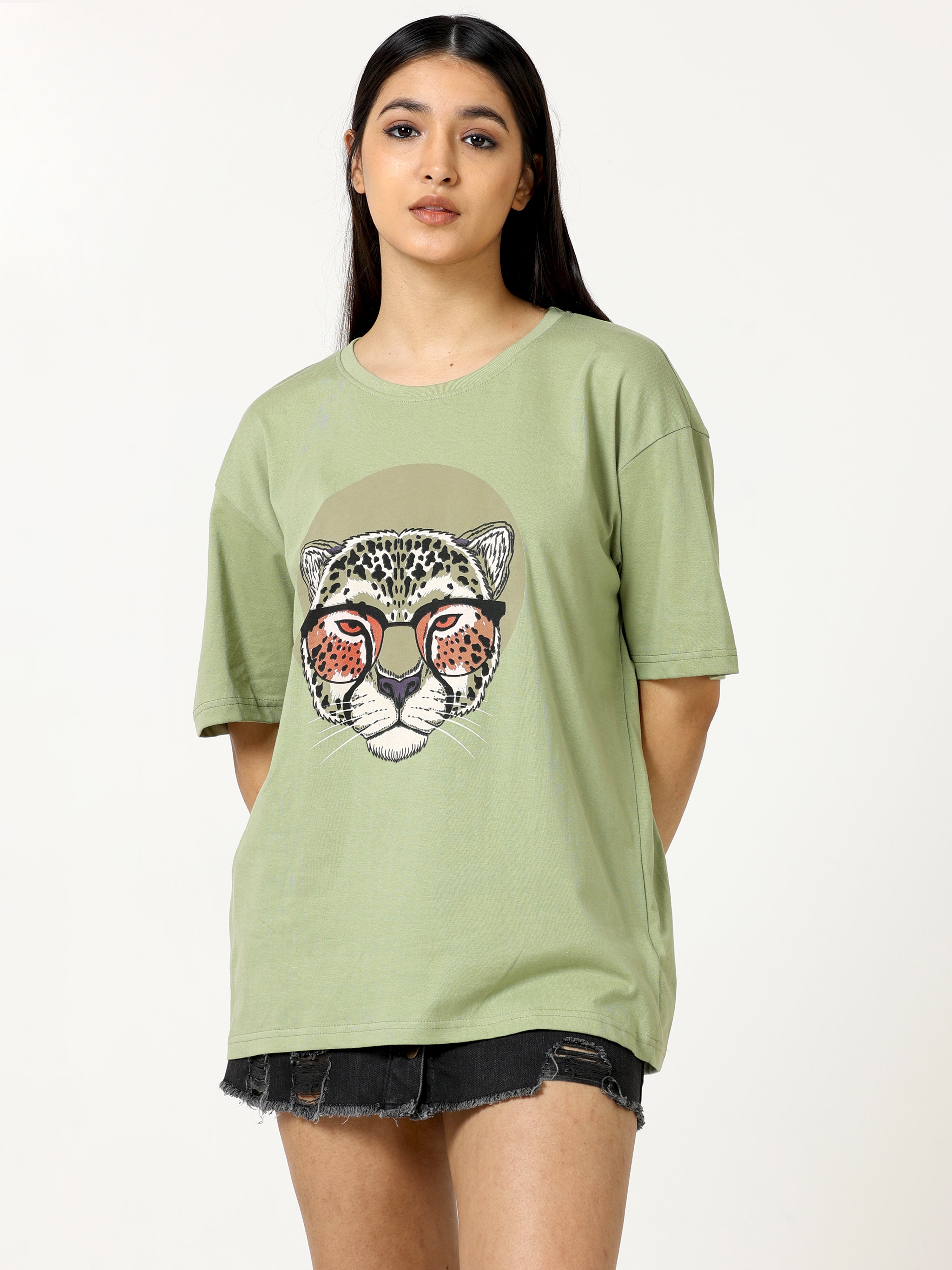 Sea Green Leopard Face Printed Oversized T-shirt - UNISEX