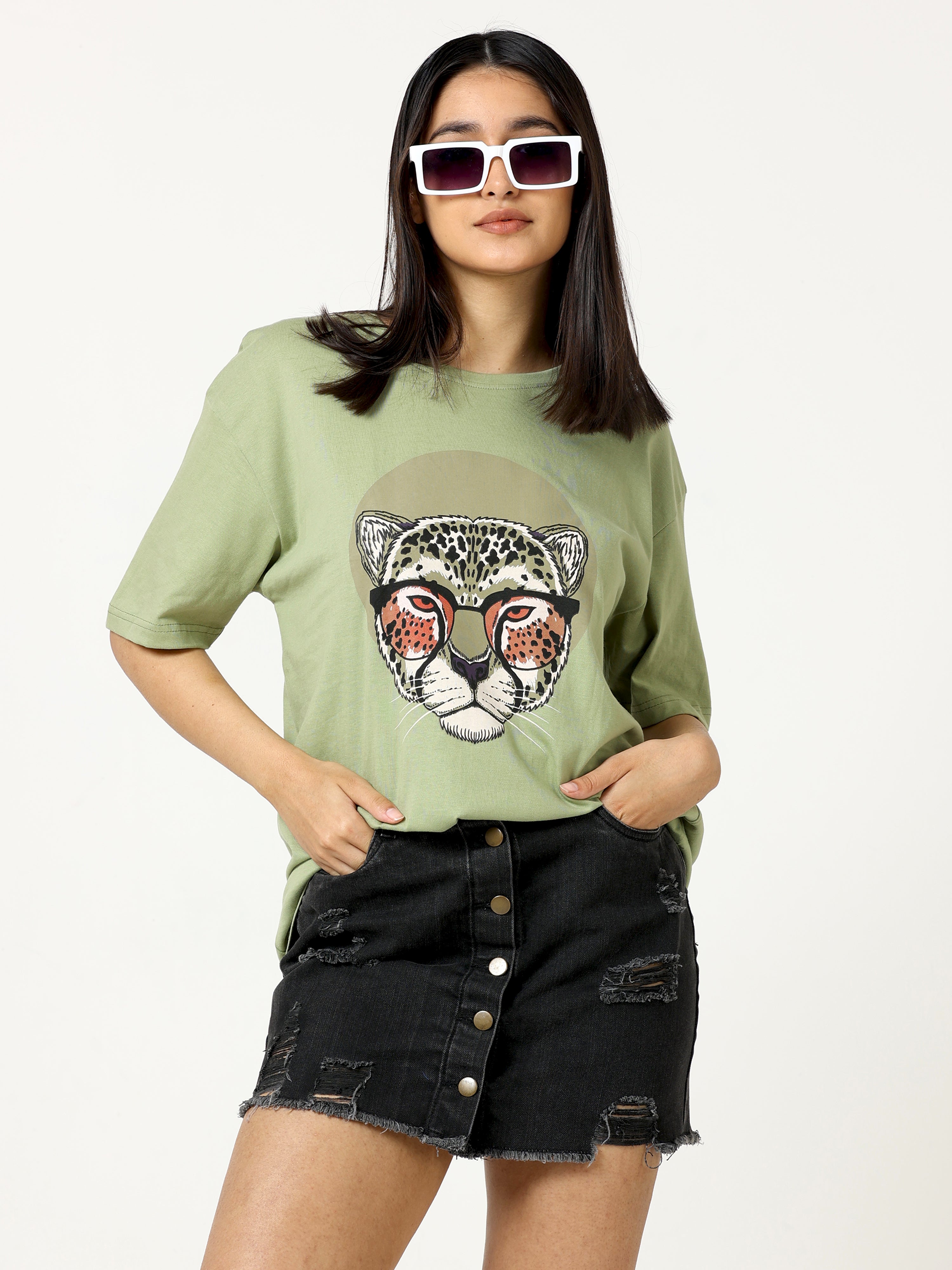 Sea Green Leopard Face Printed Oversized T-shirt - UNISEX