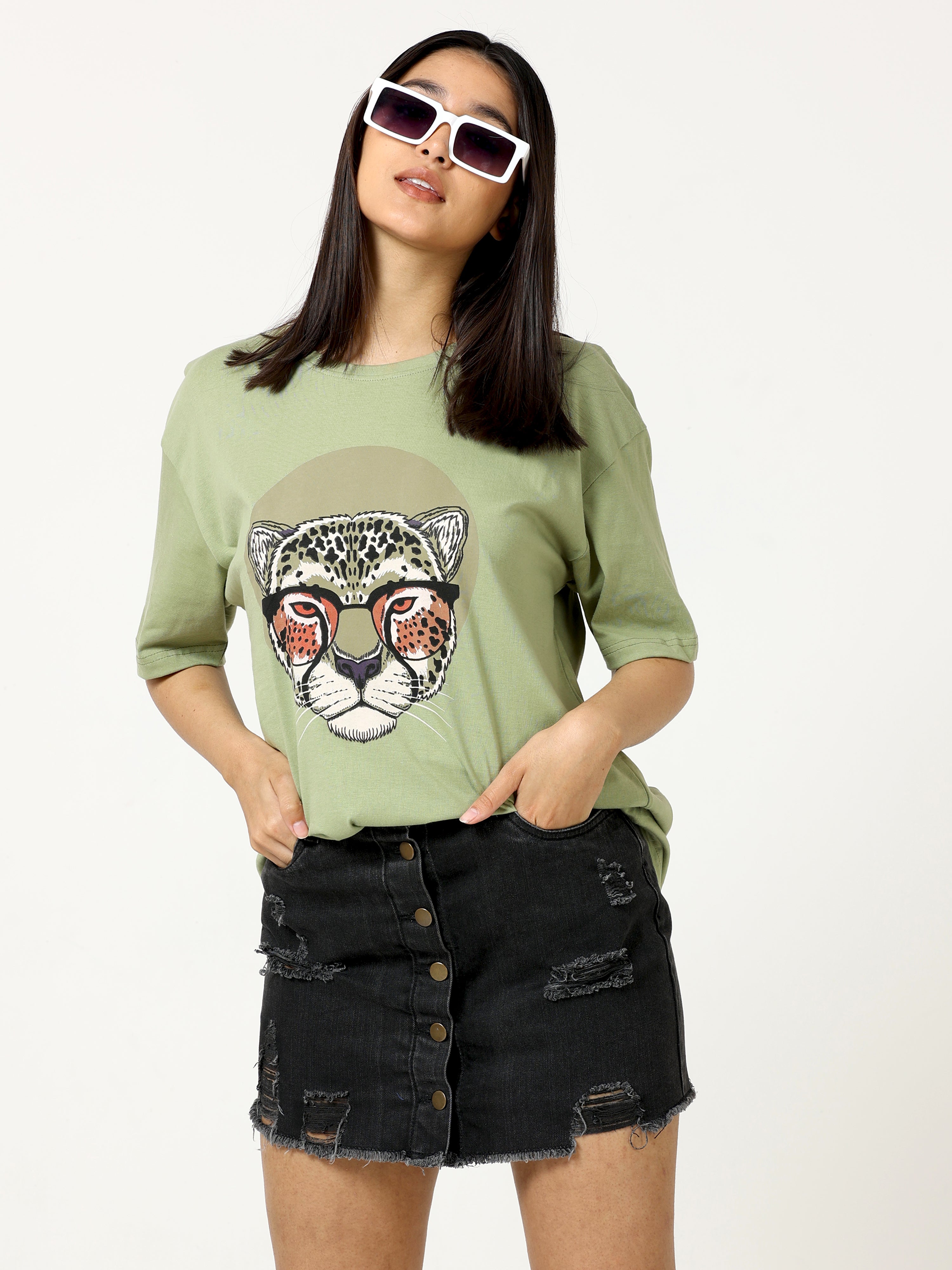 Sea Green Leopard Face Printed Oversized T-shirt - UNISEX