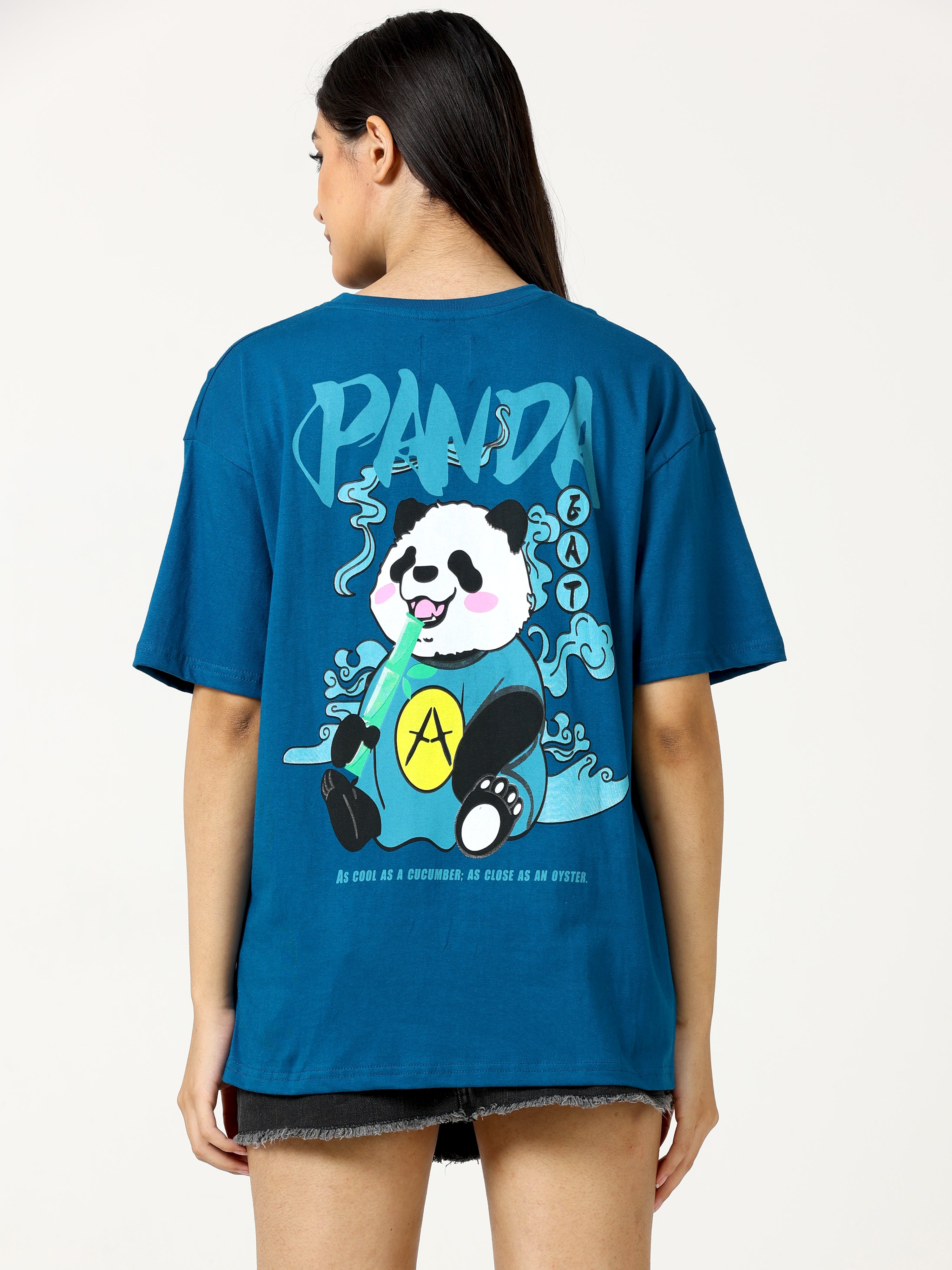 Navy Blue Panda Printed Oversized T-shirt - UNISEX