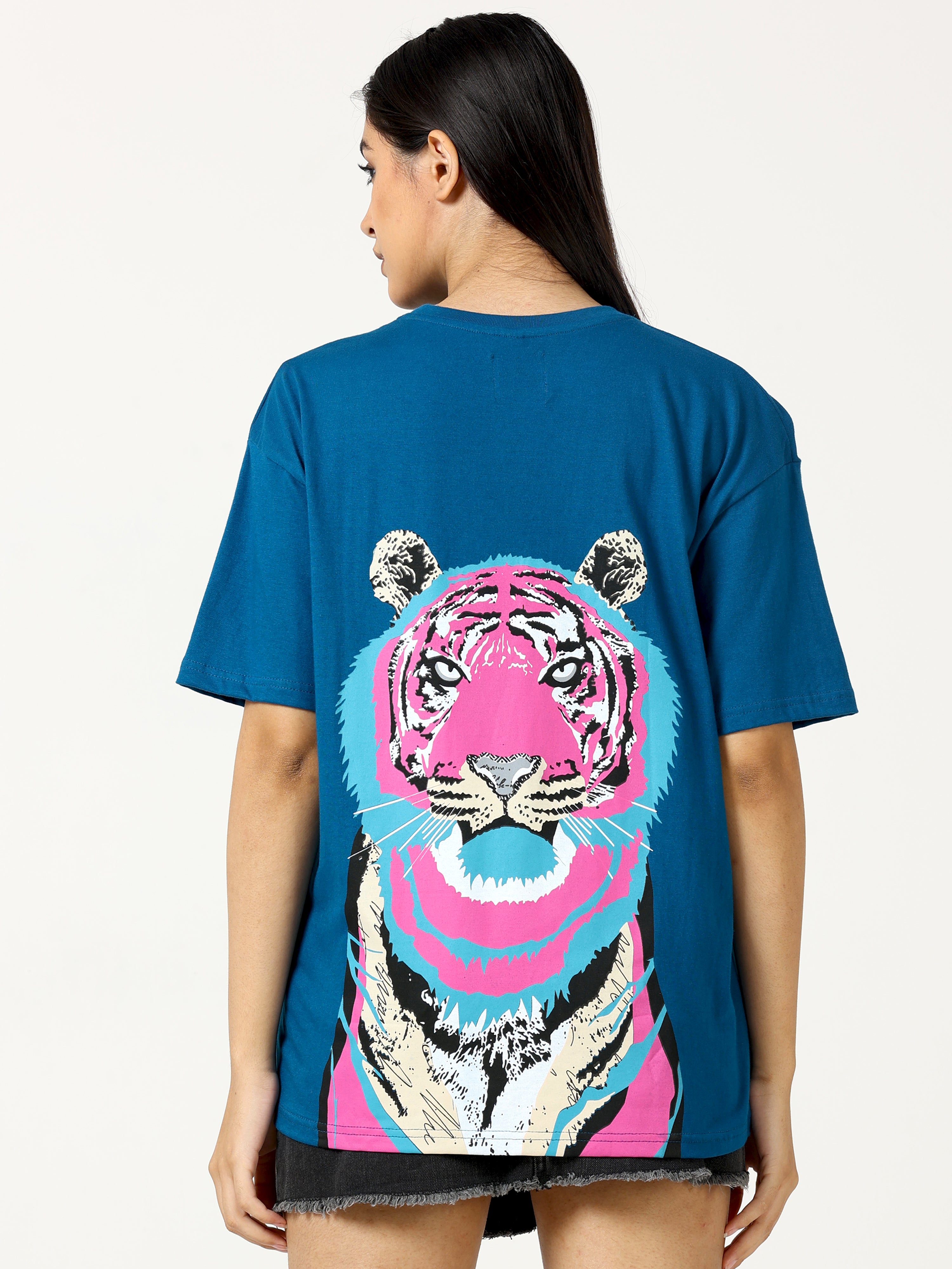 Blue Love Alba Back tiger Printed Oversized T-shirt - UNISEX