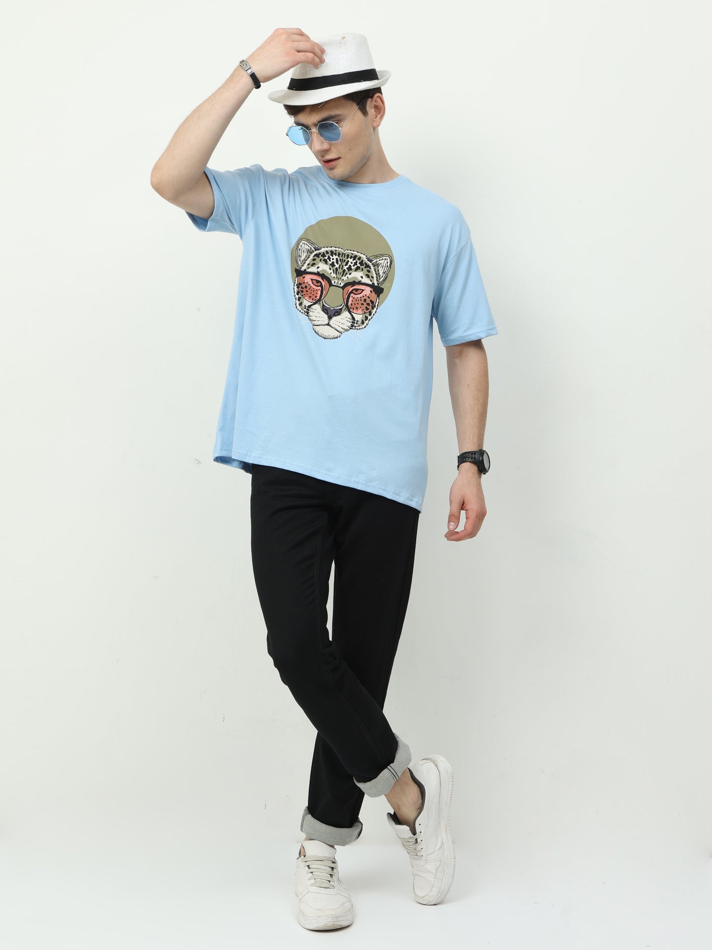 Sky Blue Leopard Face Printed Oversized T-shirt - UNISEX