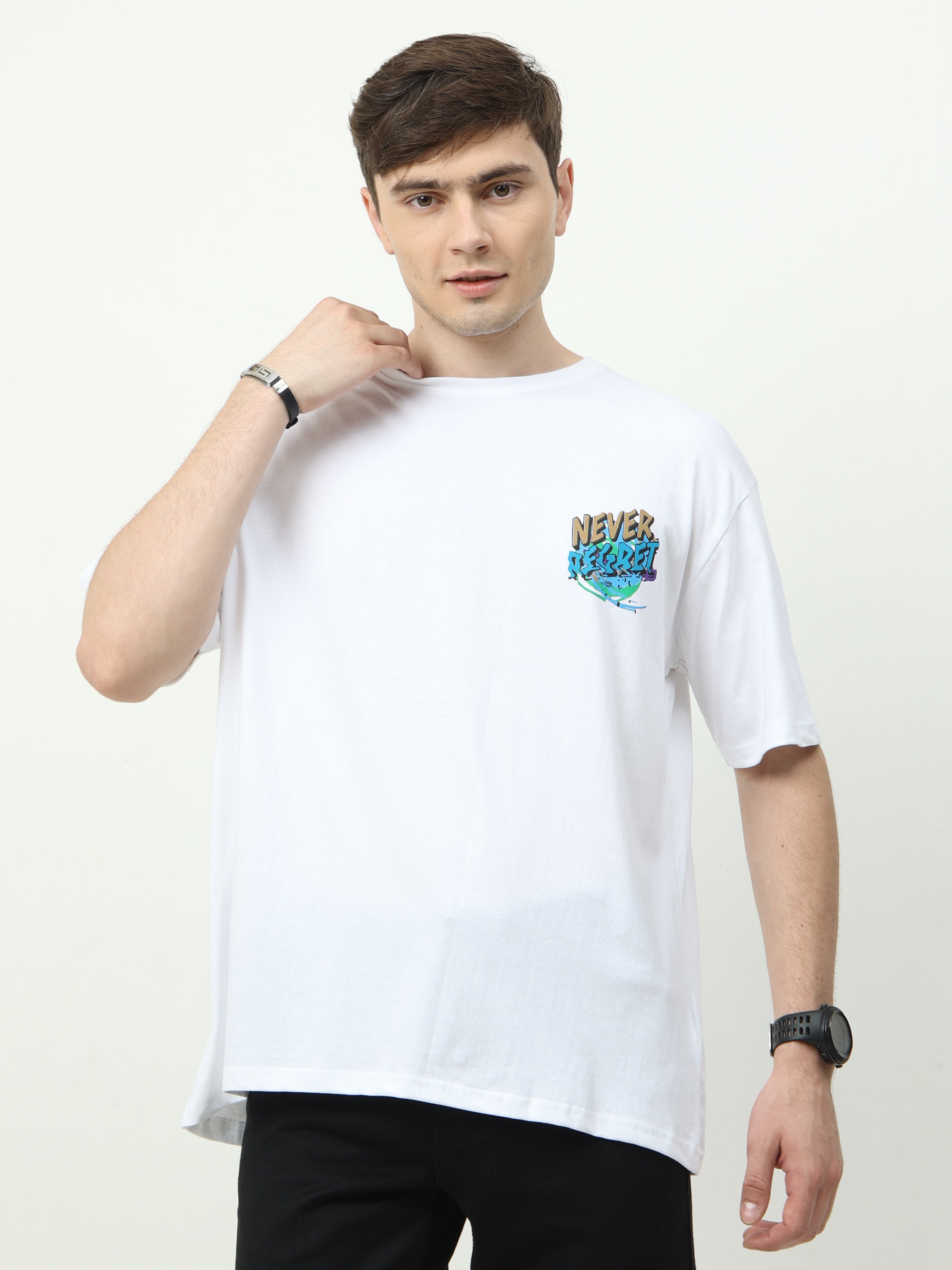 White Never Regret Printed Oversized T-shirt - UNISEX