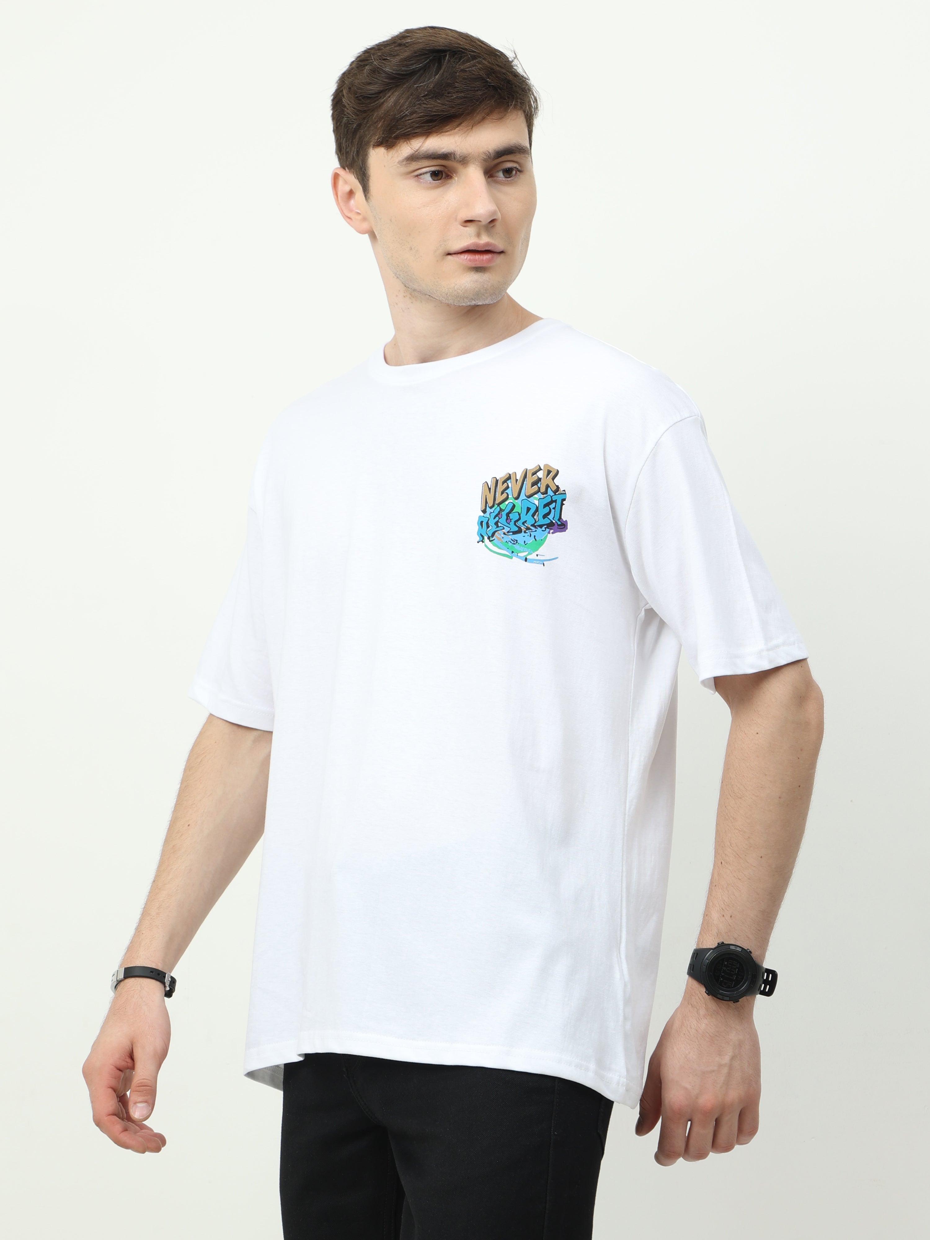White Never Regret Printed Oversized T-shirt - UNISEX