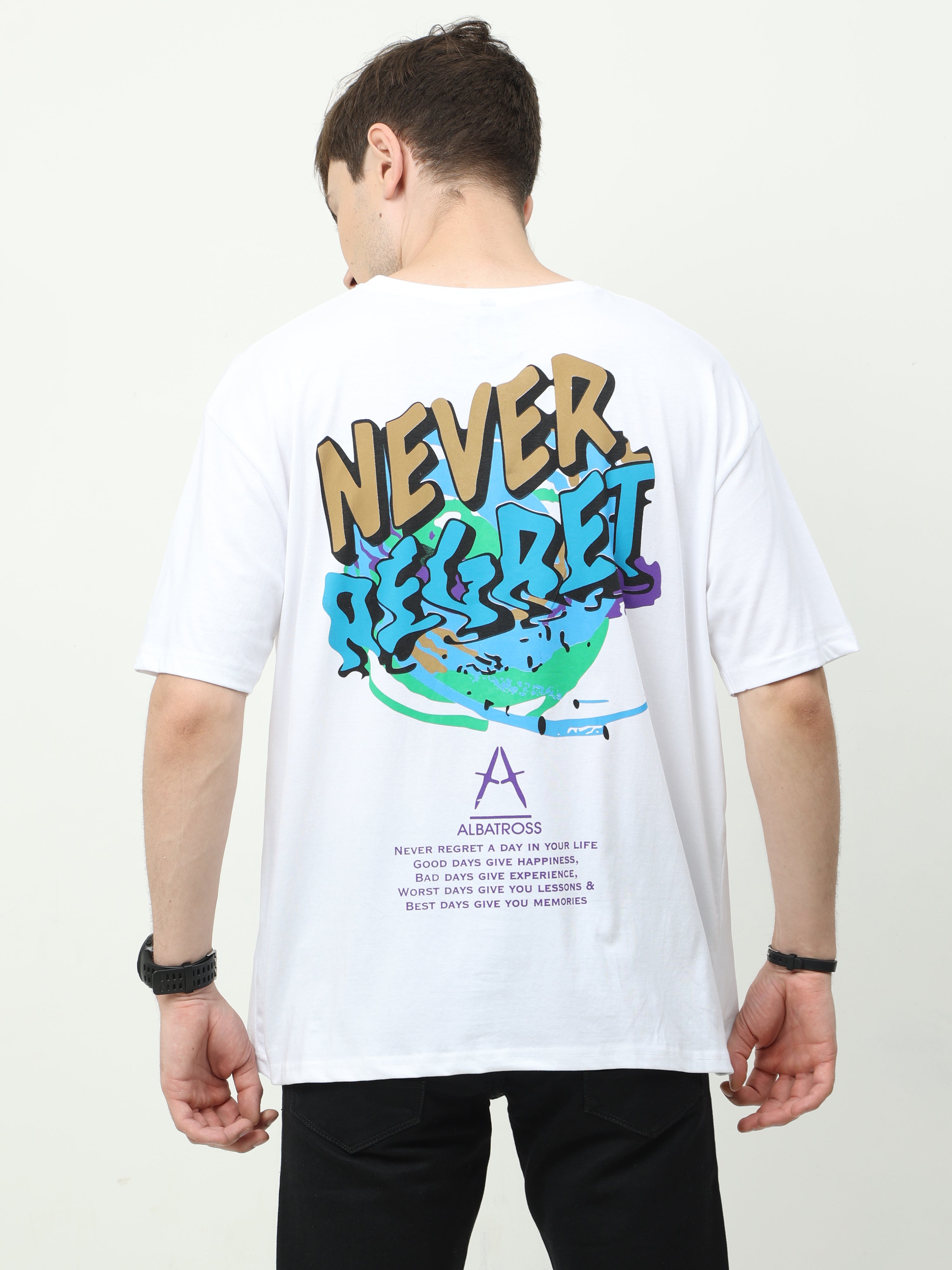 White Never Regret Printed Oversized T-shirt - UNISEX