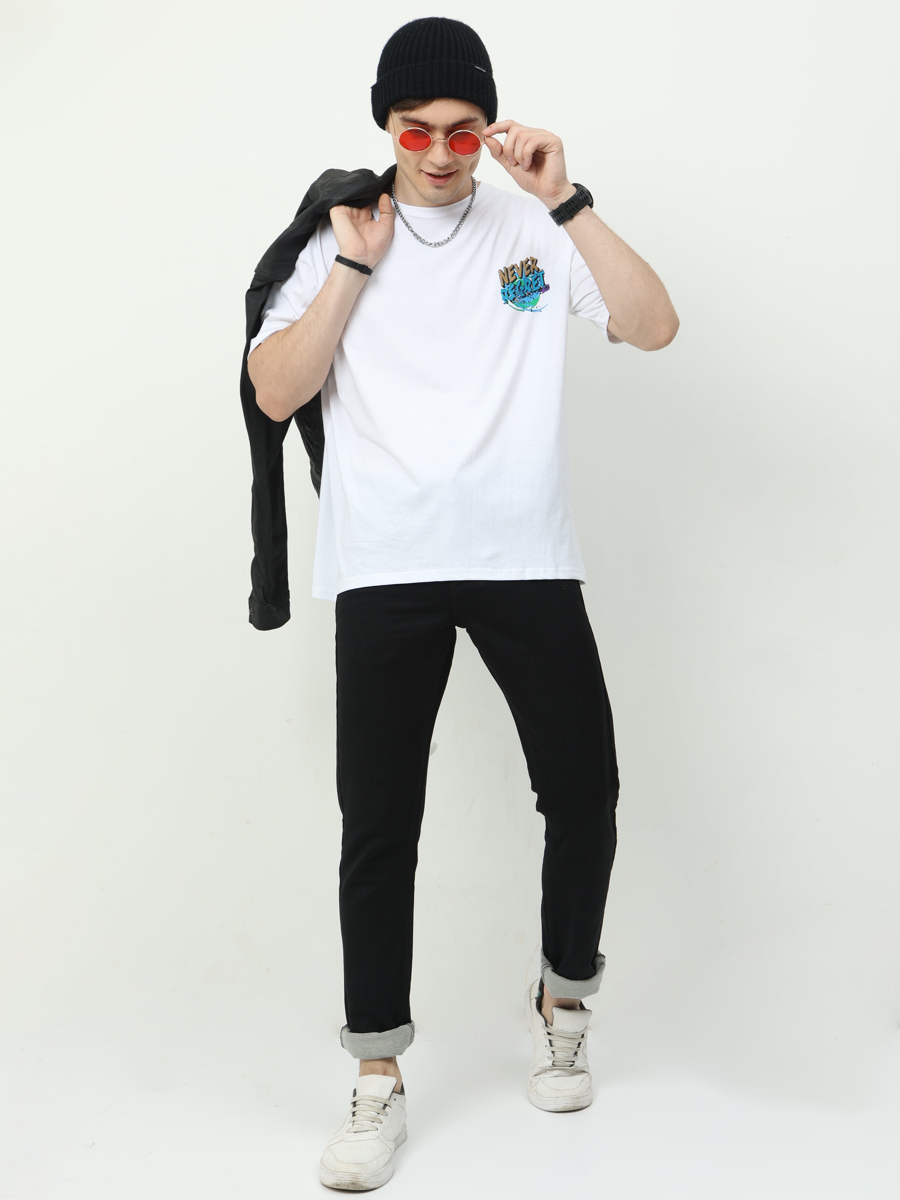 White Never Regret Printed Oversized T-shirt - UNISEX