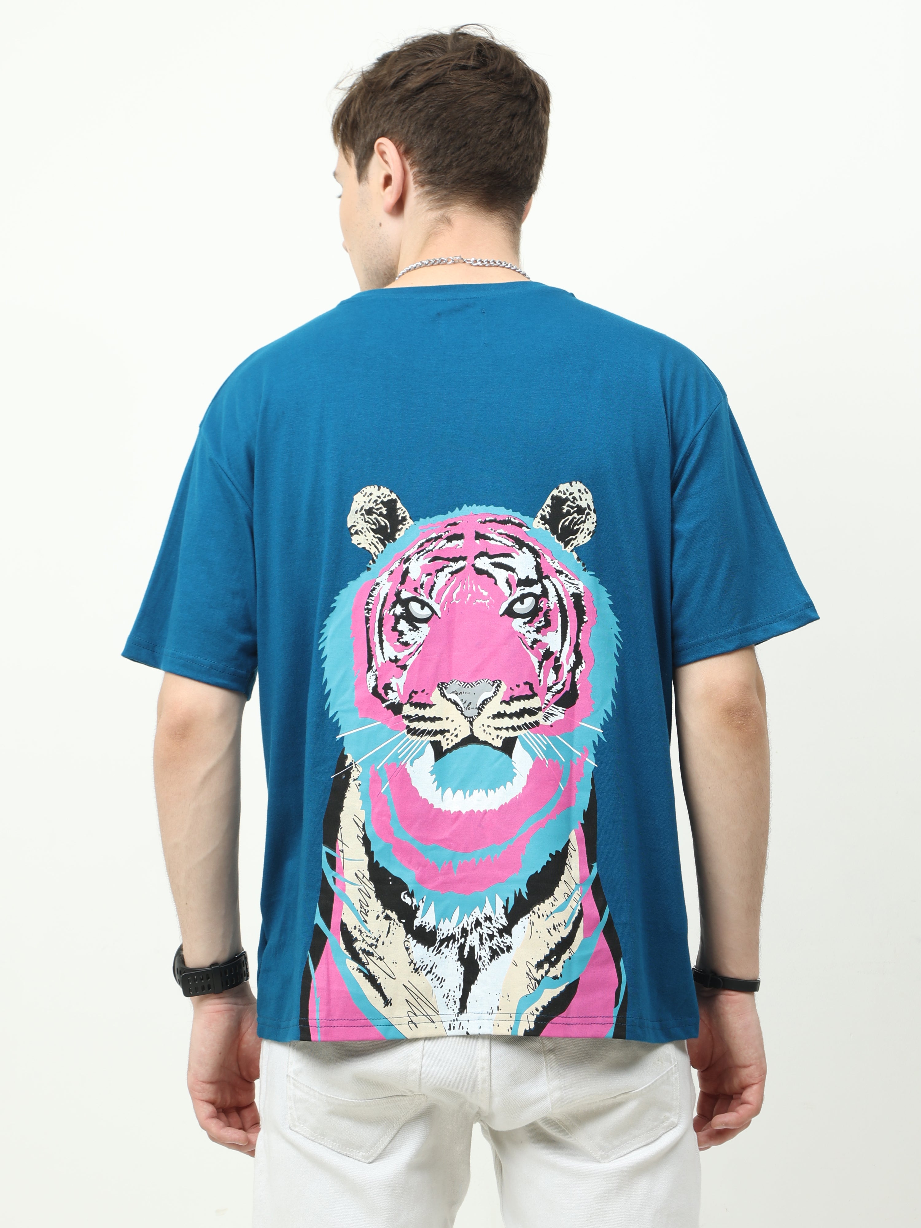 Blue Love Alba Back tiger Printed Oversized T-shirt - UNISEX