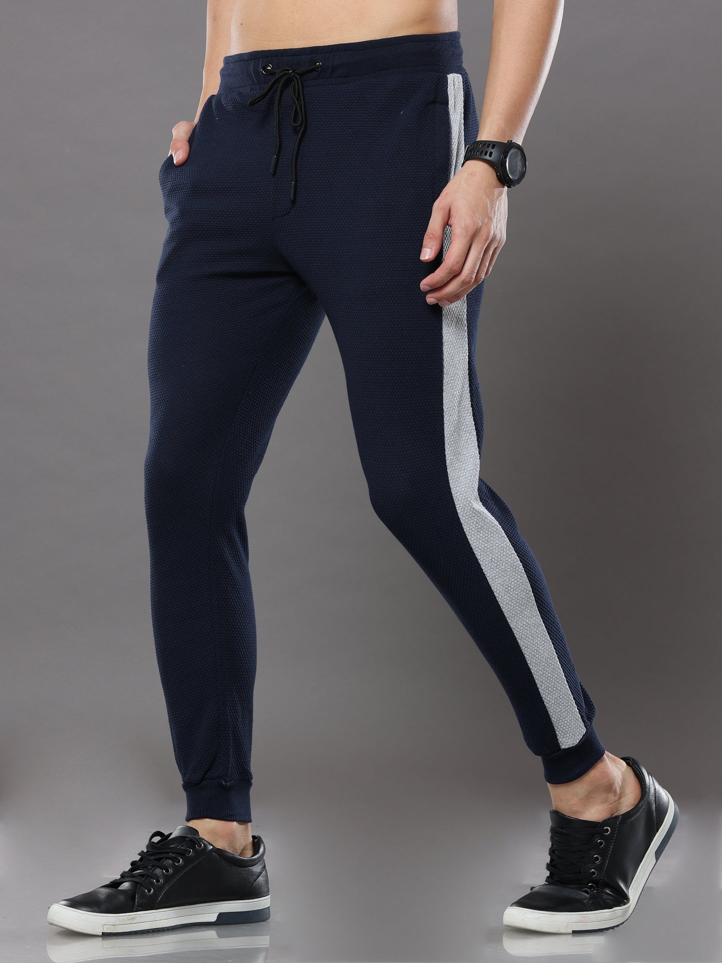 Navy Blue striped casual premium Popcorn Track Pant for mens