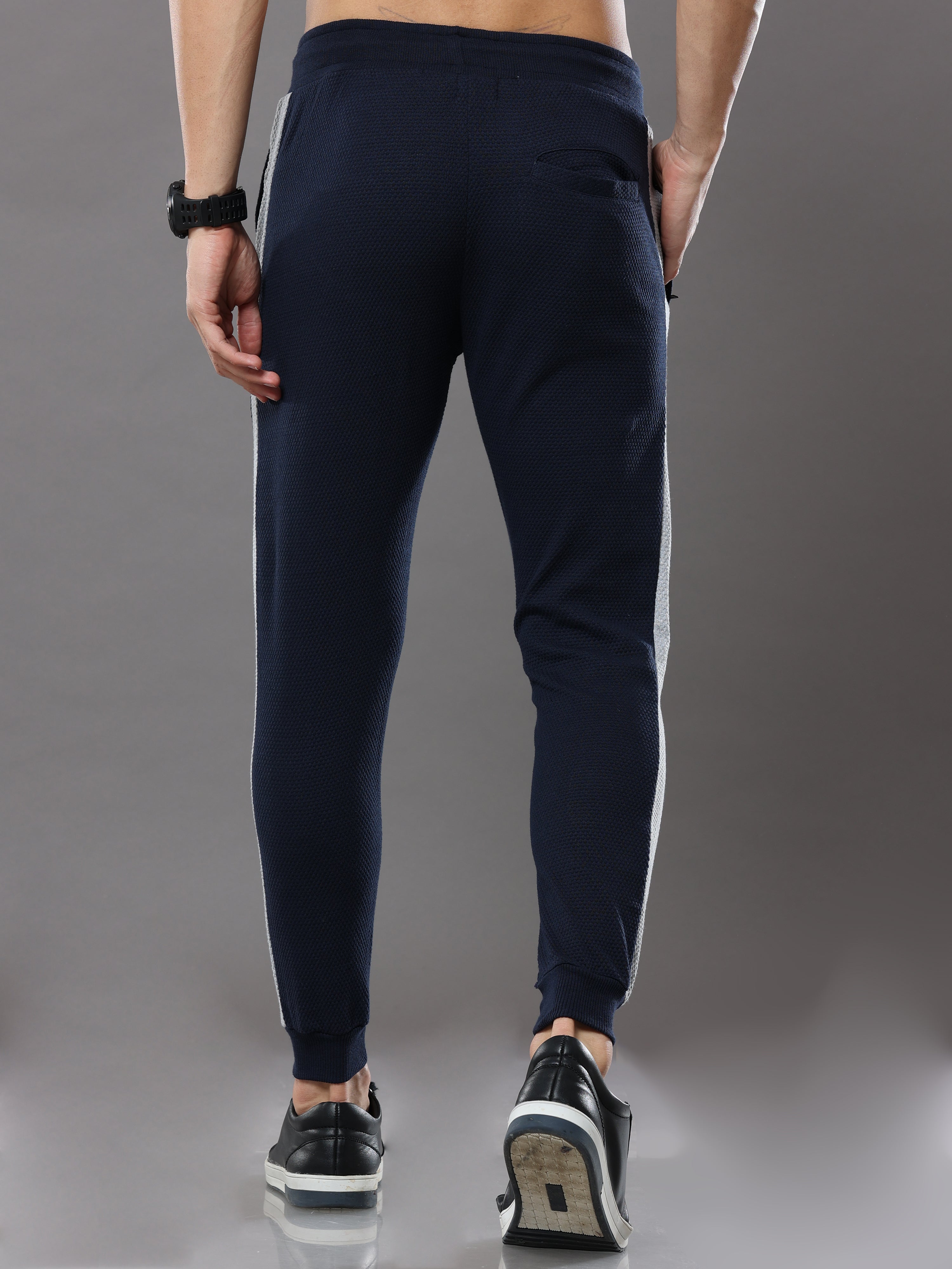 Navy Blue striped casual premium Popcorn Track Pant for mens