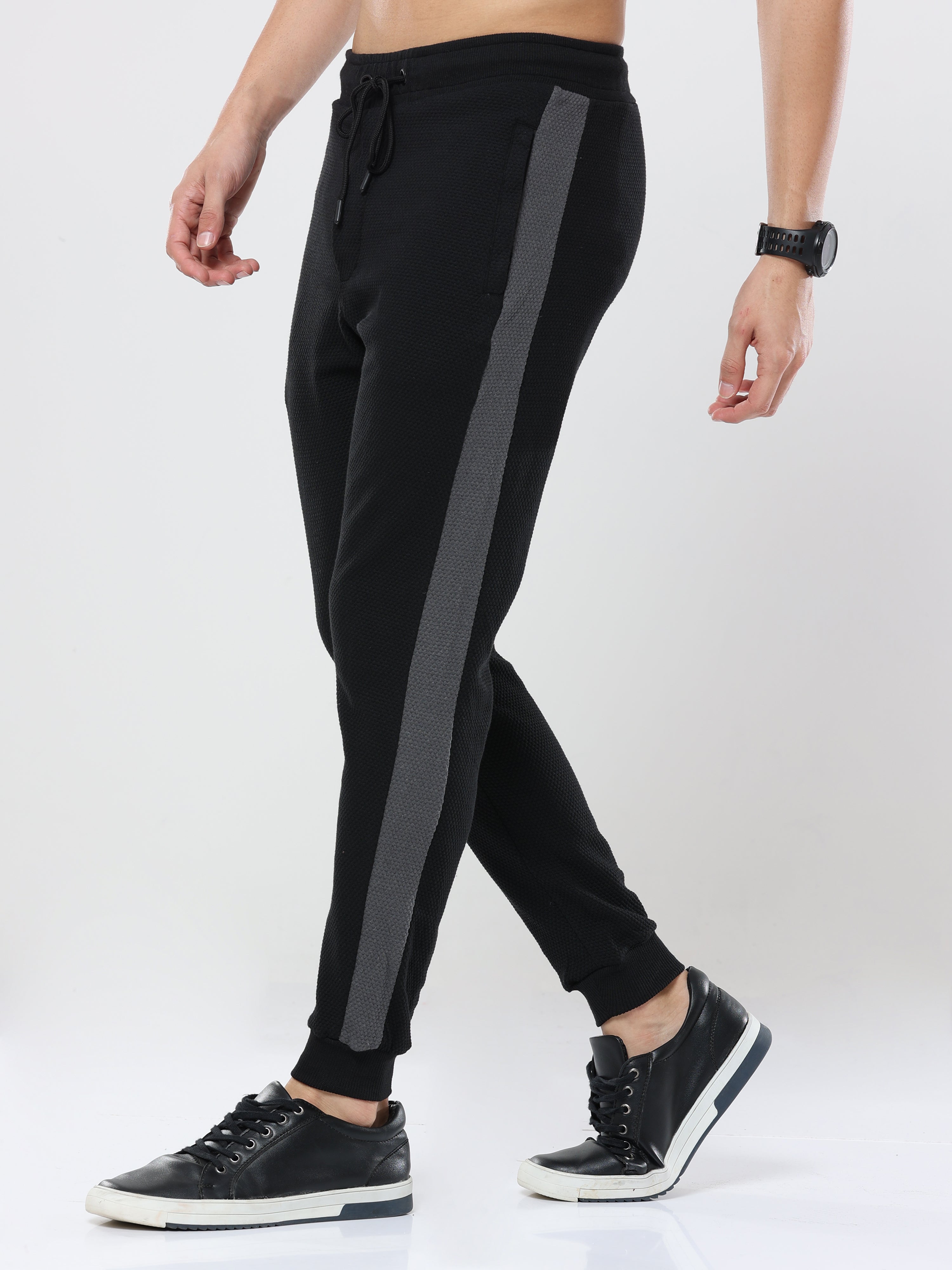 Black striped casual premium Popcorn Track Pant for mens