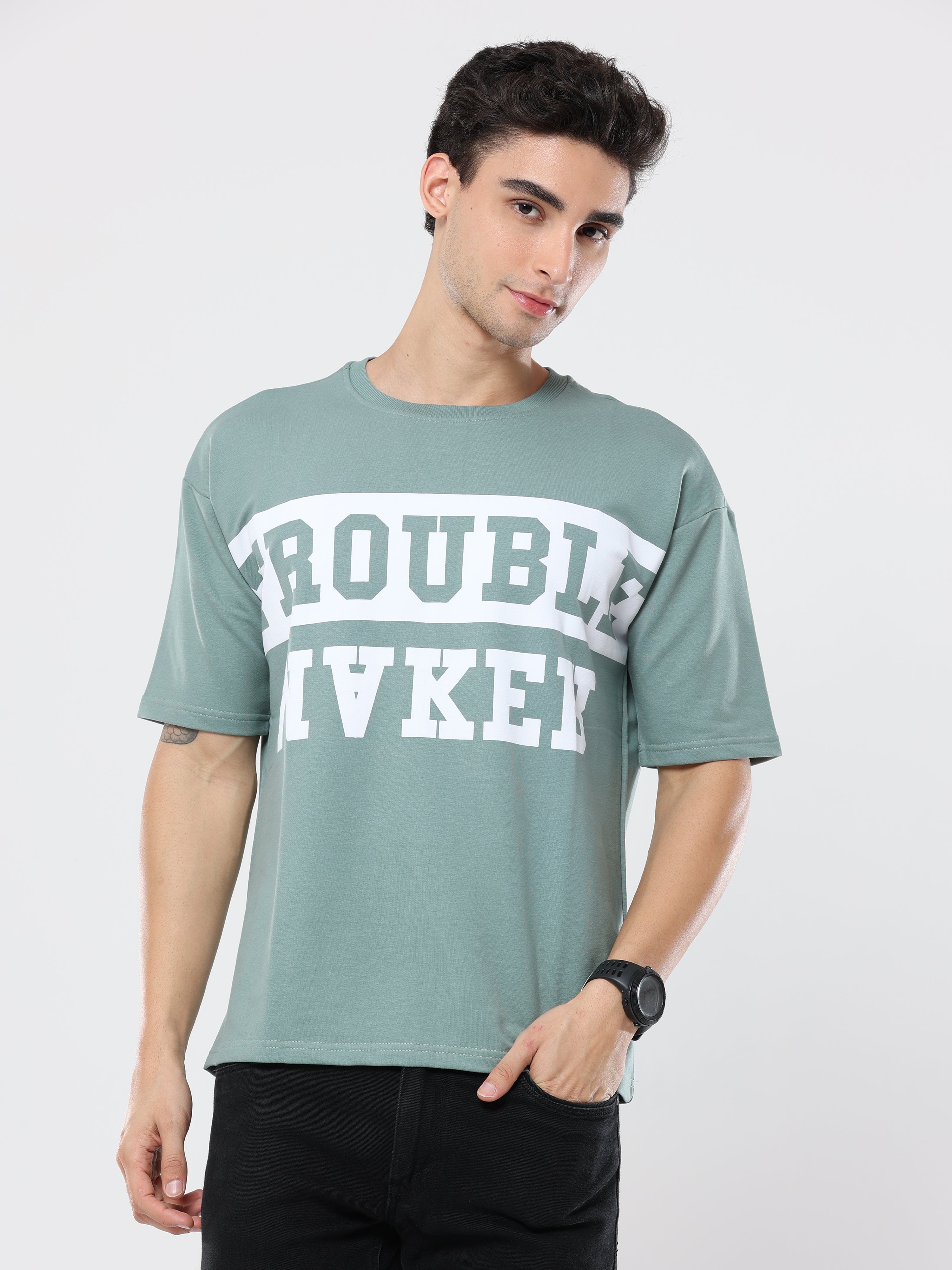 Sea Green Trouble Maker Print very premium Quality Oversized T-Shirt