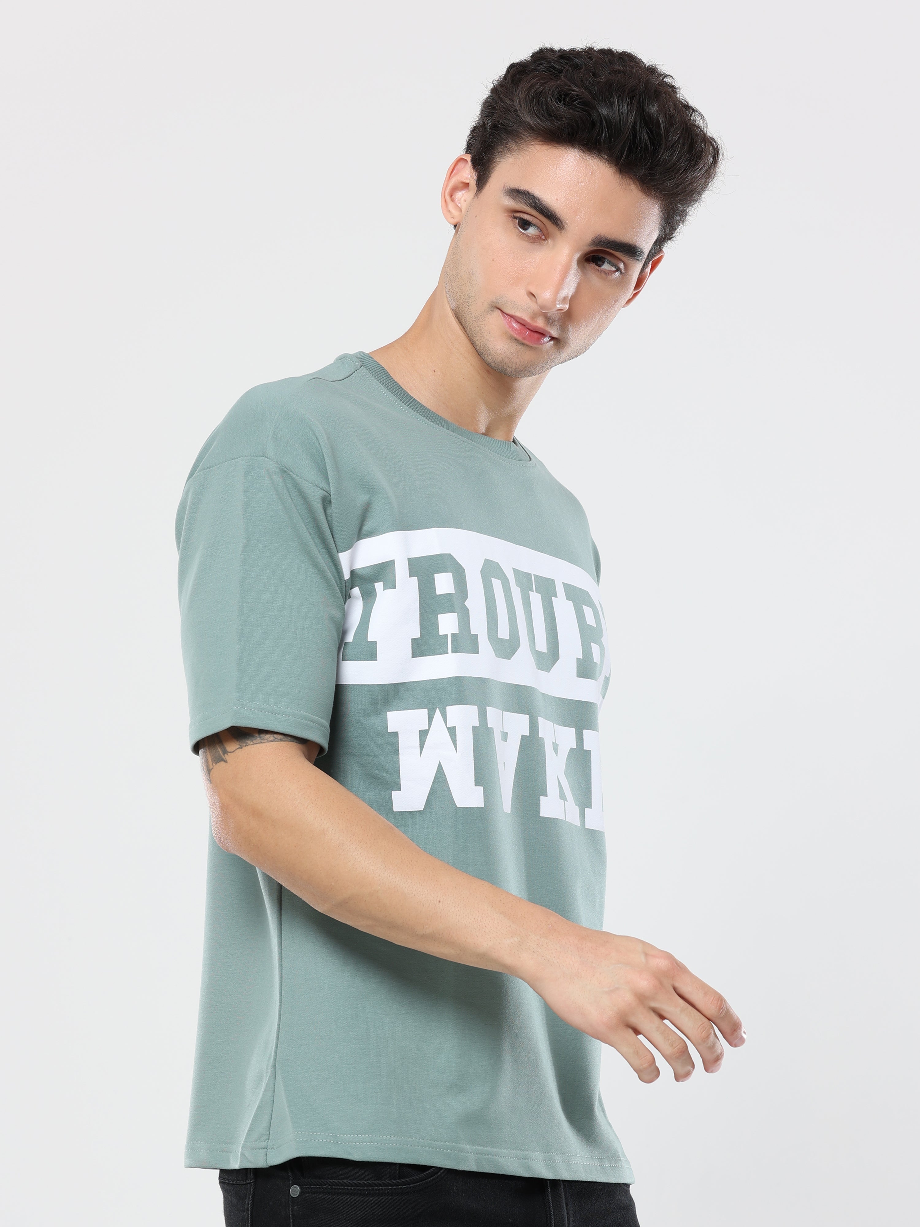 Sea Green Trouble Maker Print very premium Quality Oversized T-Shirt