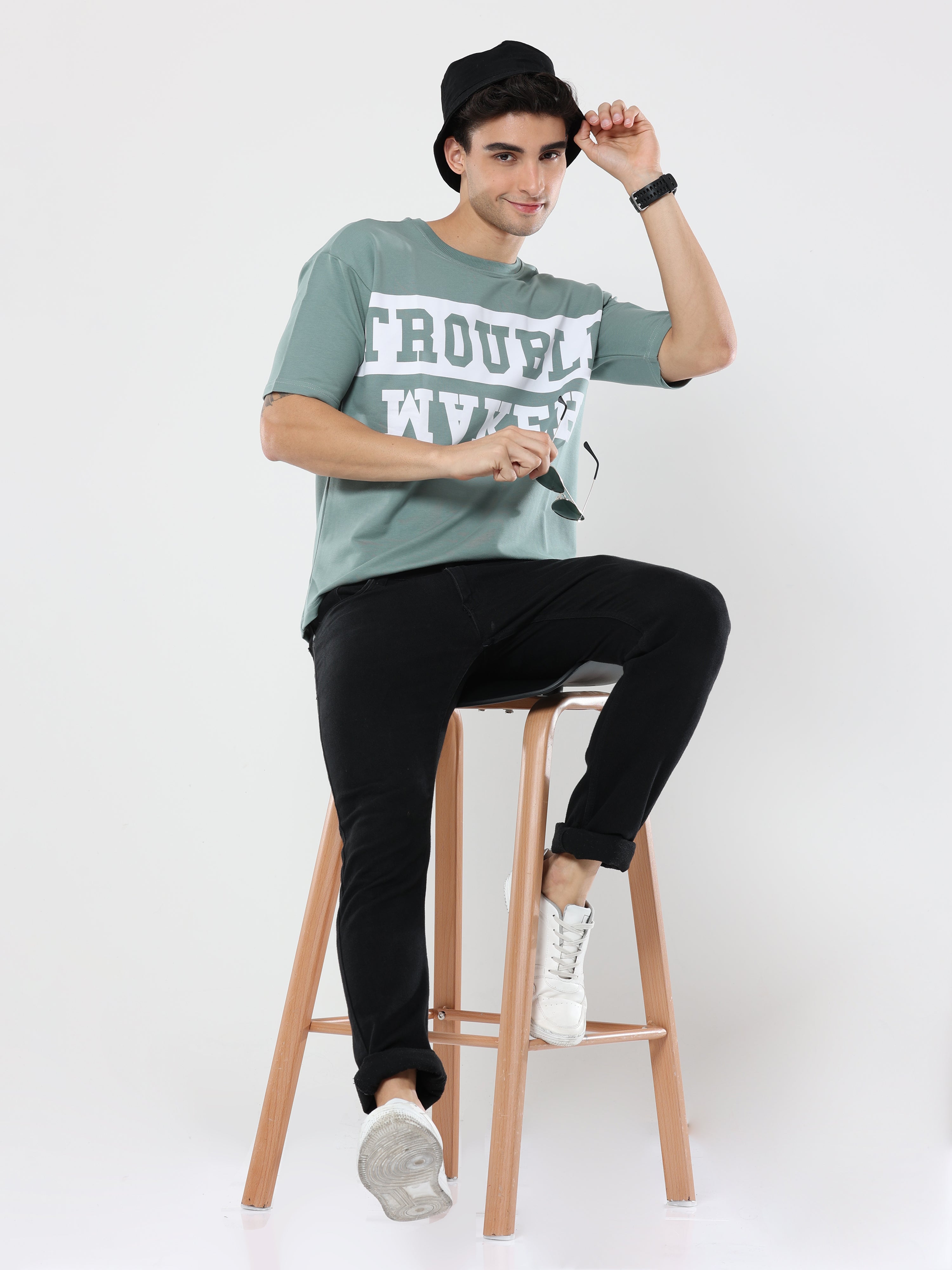 Sea Green Trouble Maker Print very premium Quality Oversized T-Shirt
