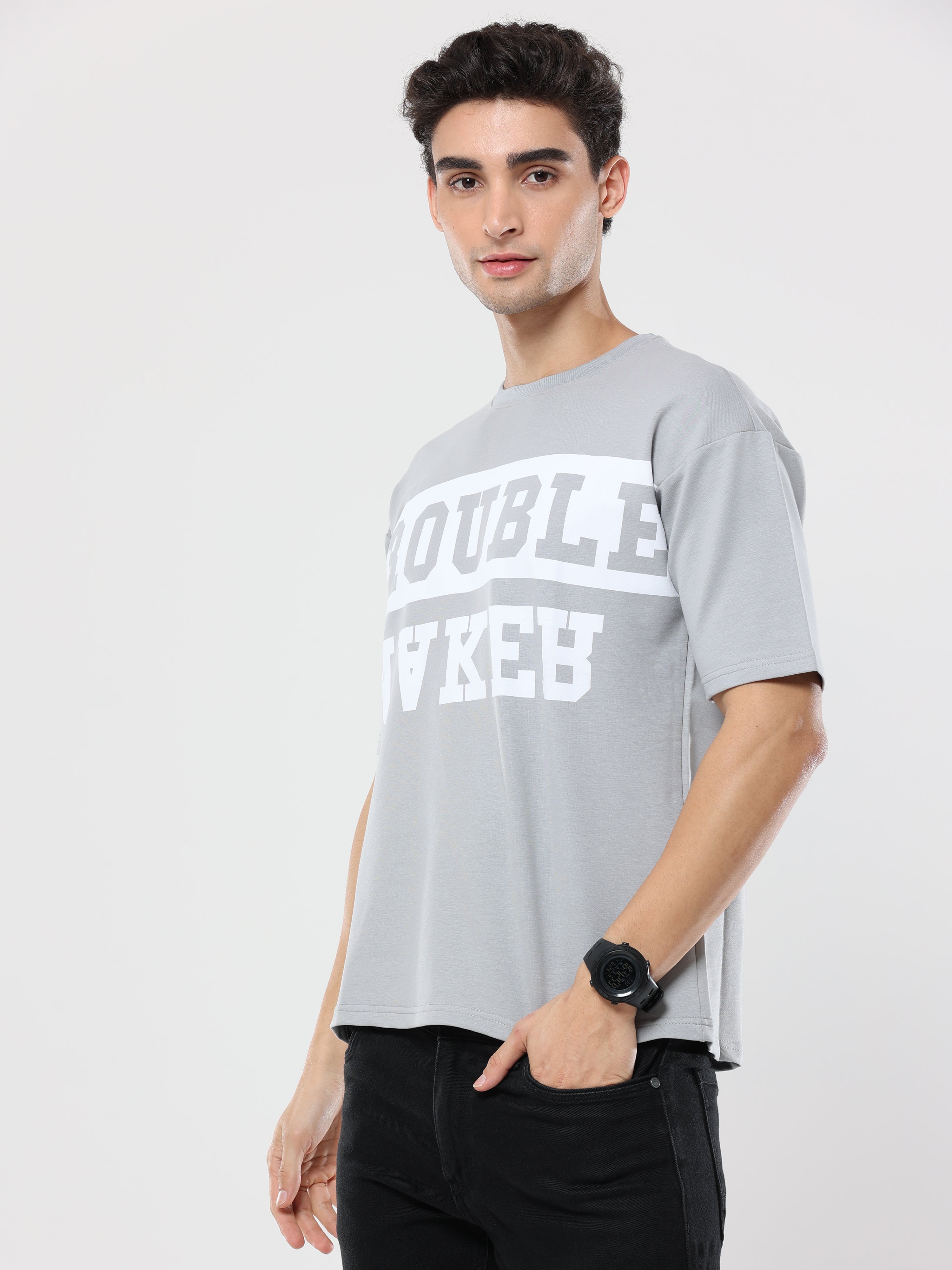 Grey Trouble Maker Print very premium Quality Oversized T-Shirt