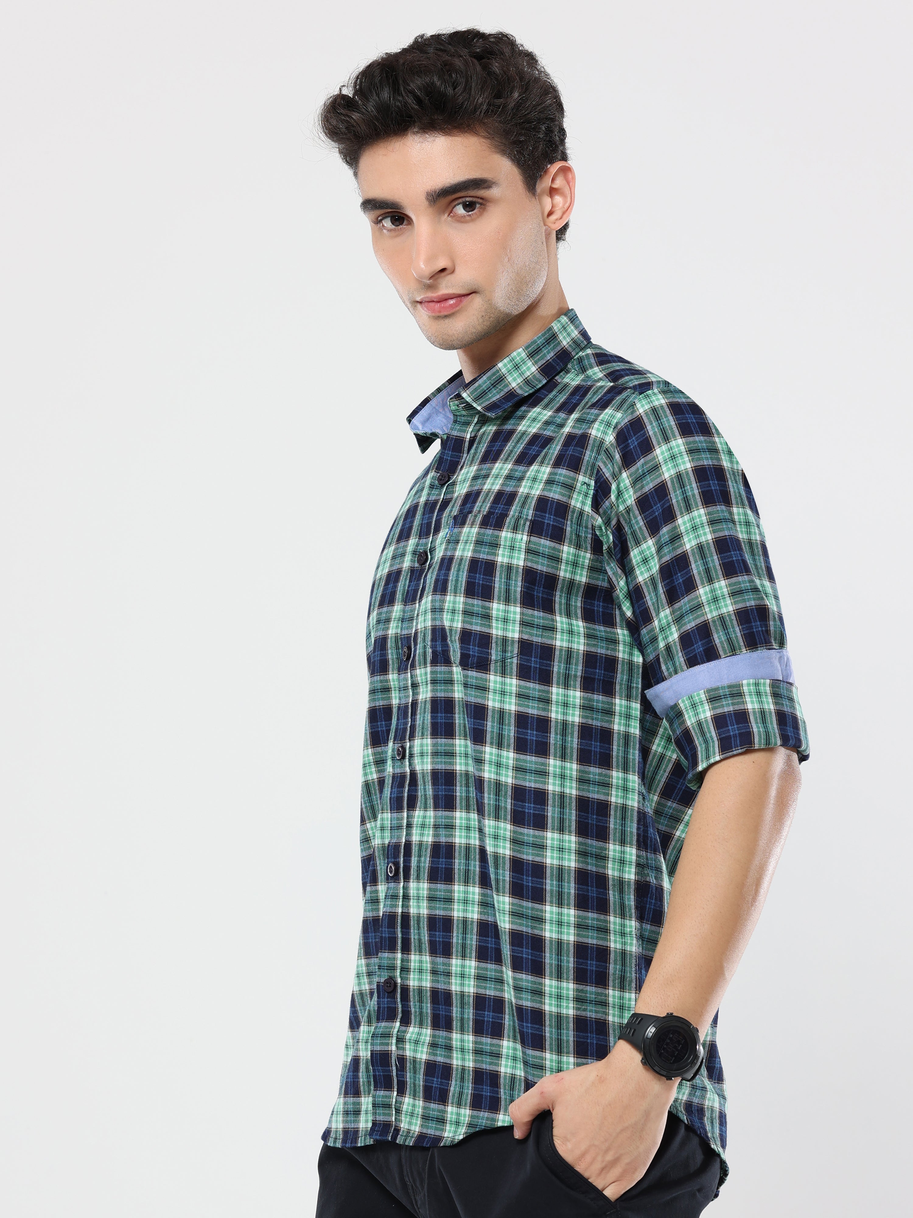 Green Blue plaid checks shirt for men