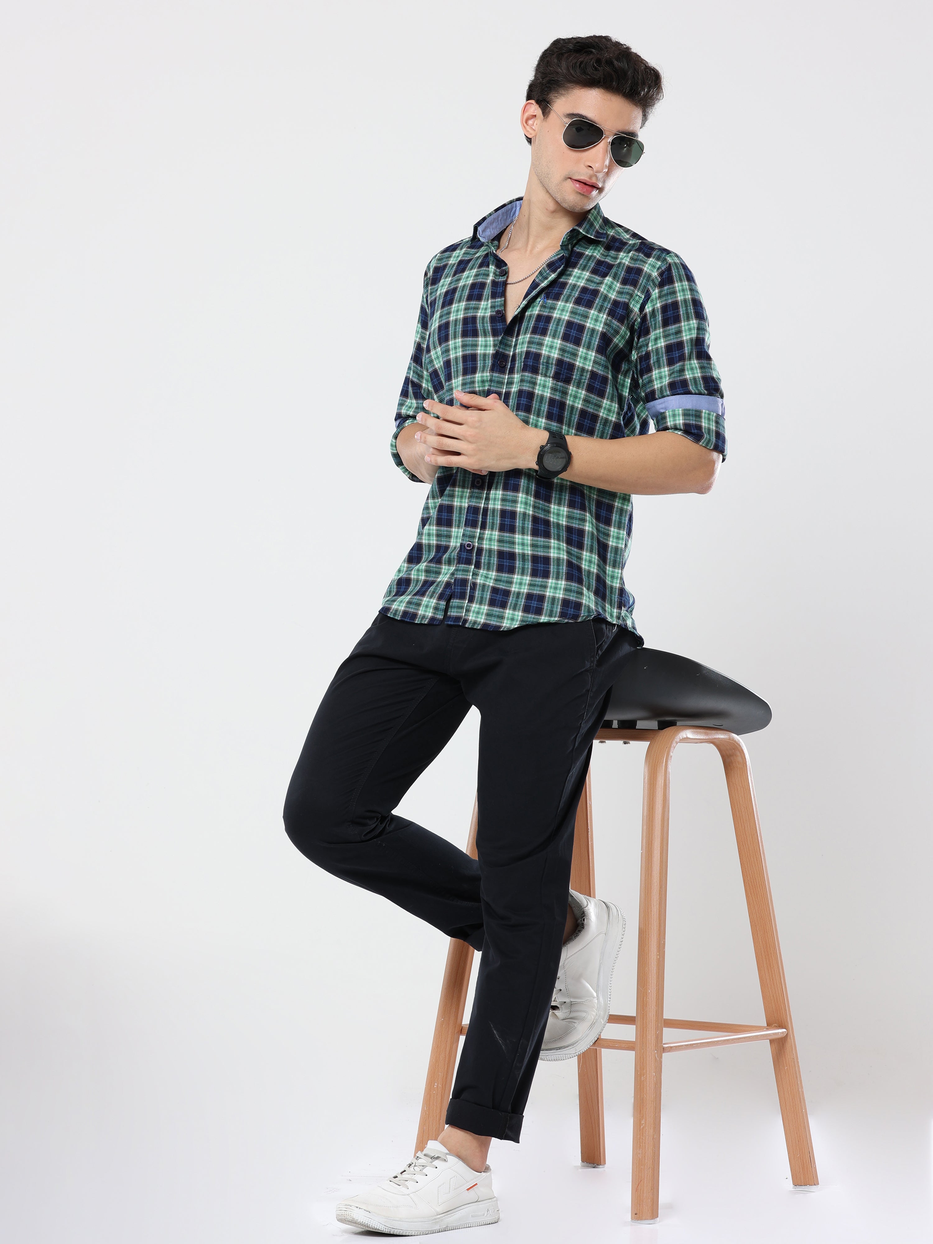 Green Blue plaid checks shirt for men