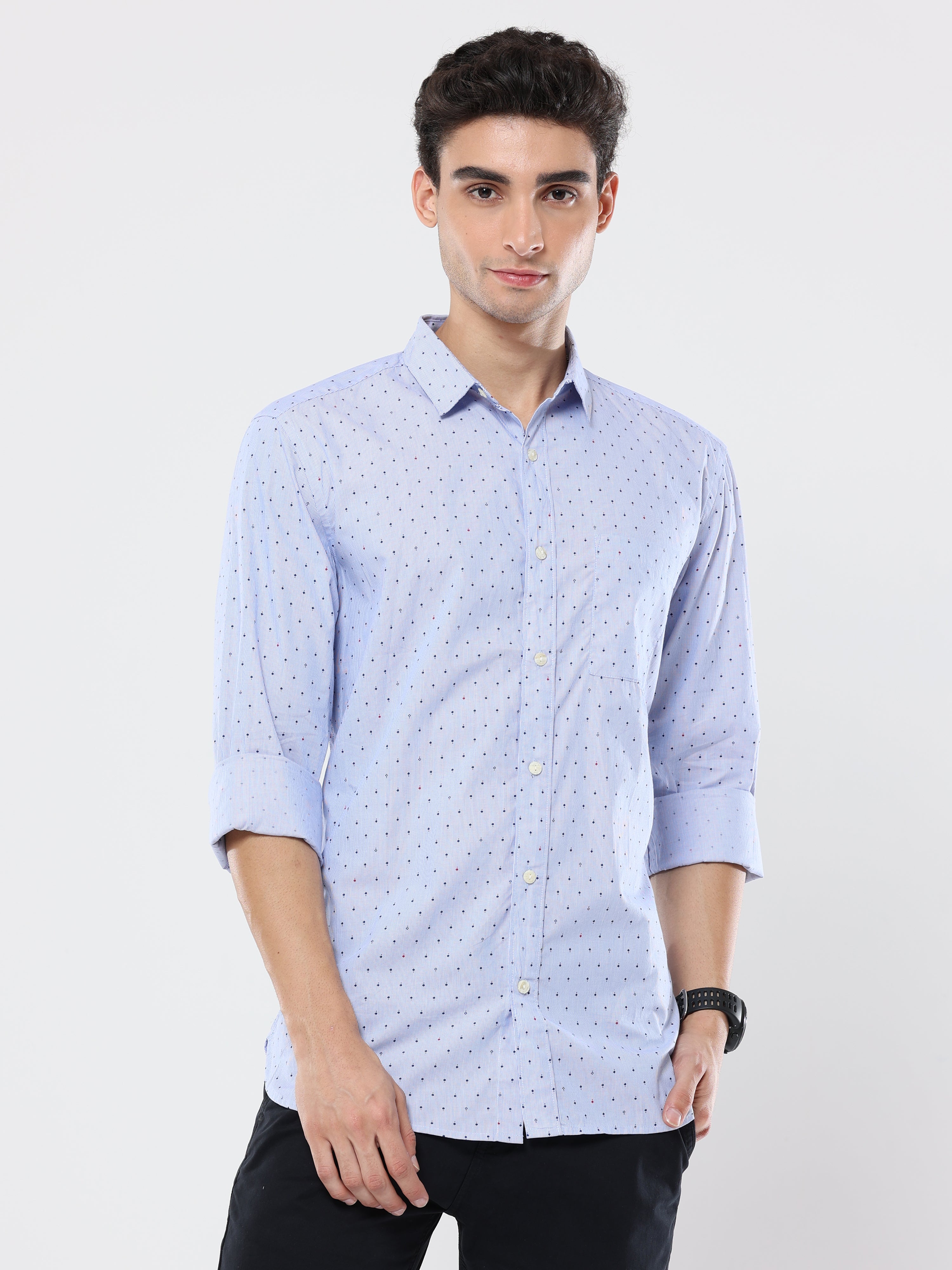 Diamond printed light blue premium cotton formal shirt for men