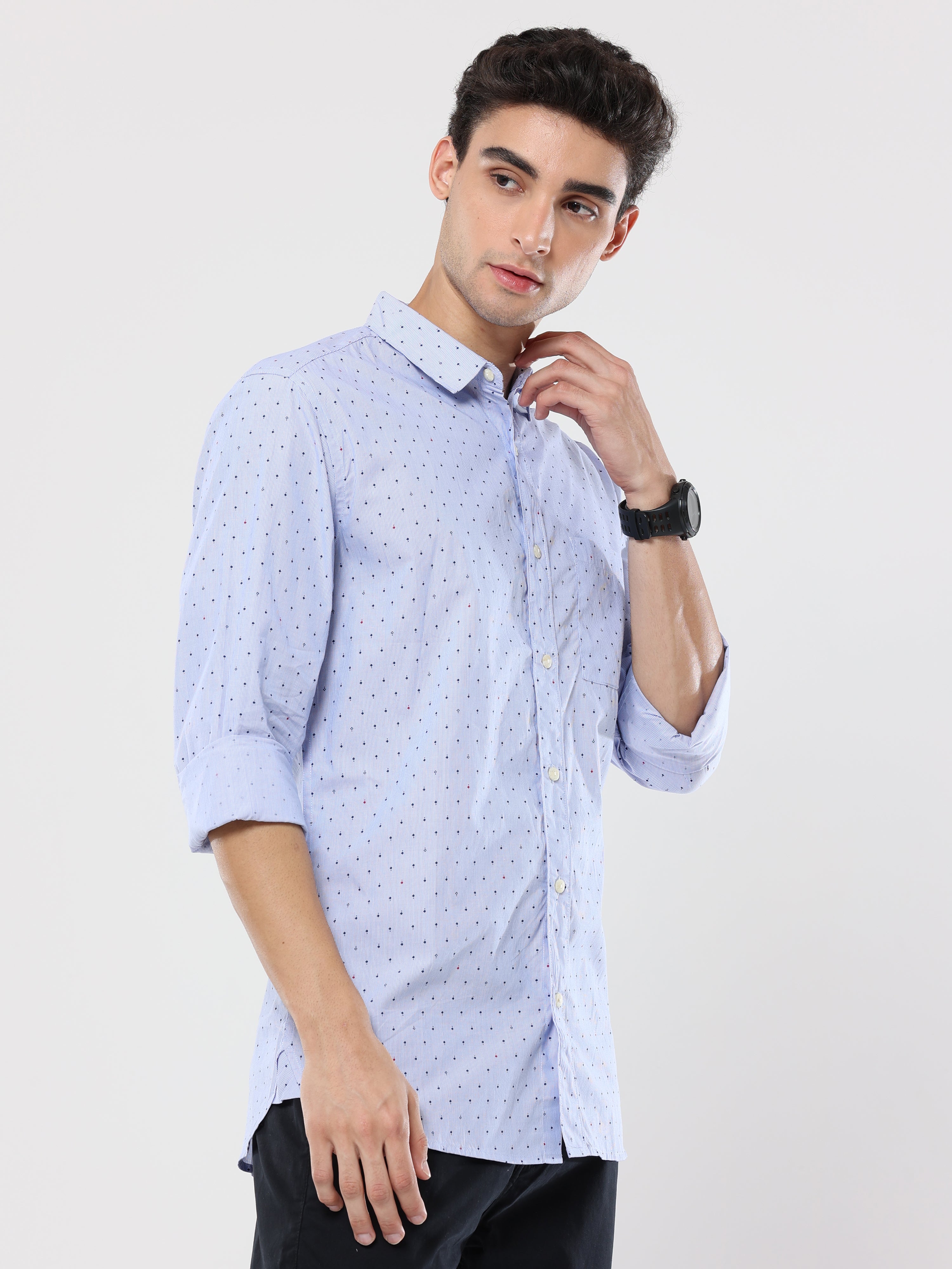 Diamond printed light blue premium cotton formal shirt for men