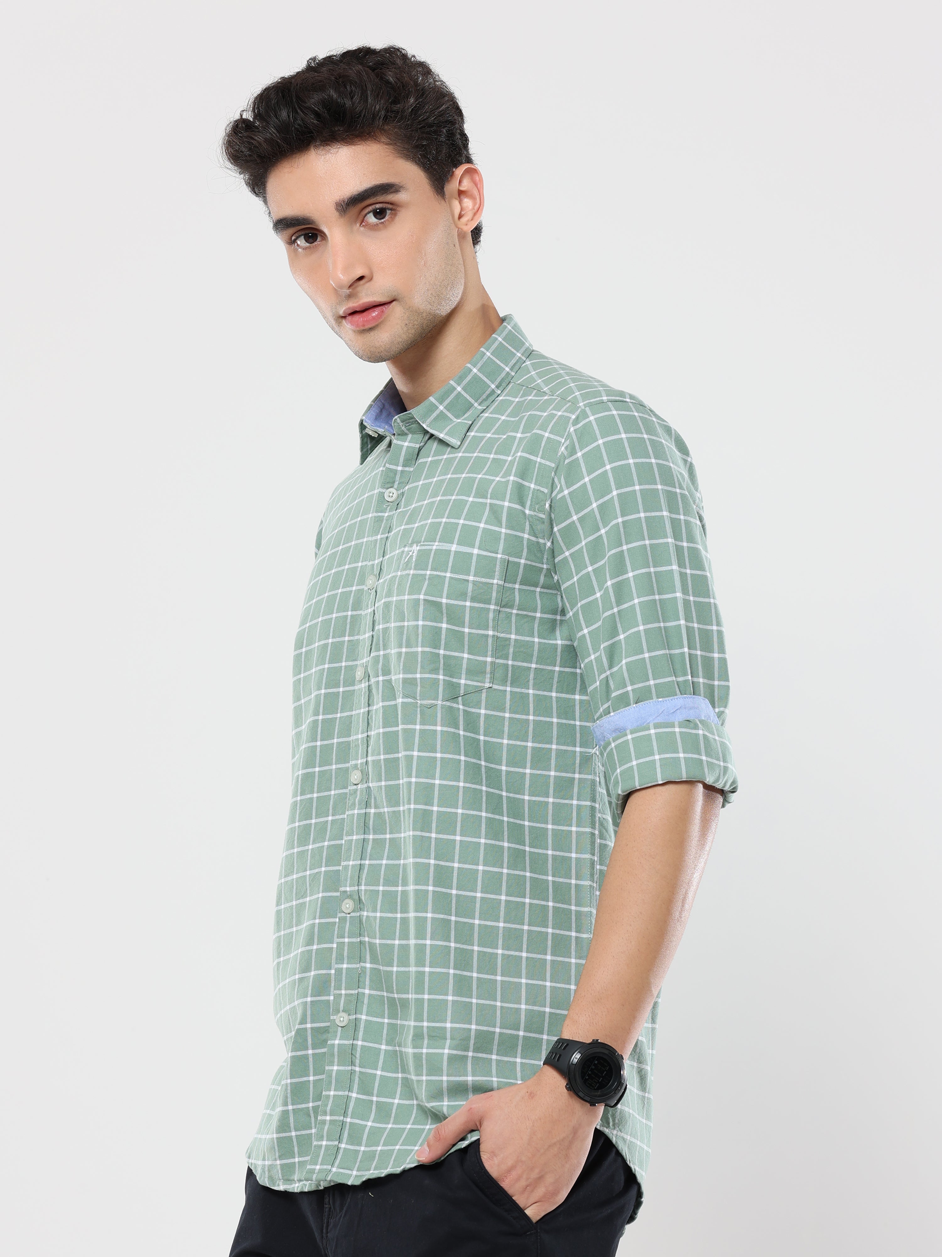 Green Big Graph Checks premium Cotton shirt for men