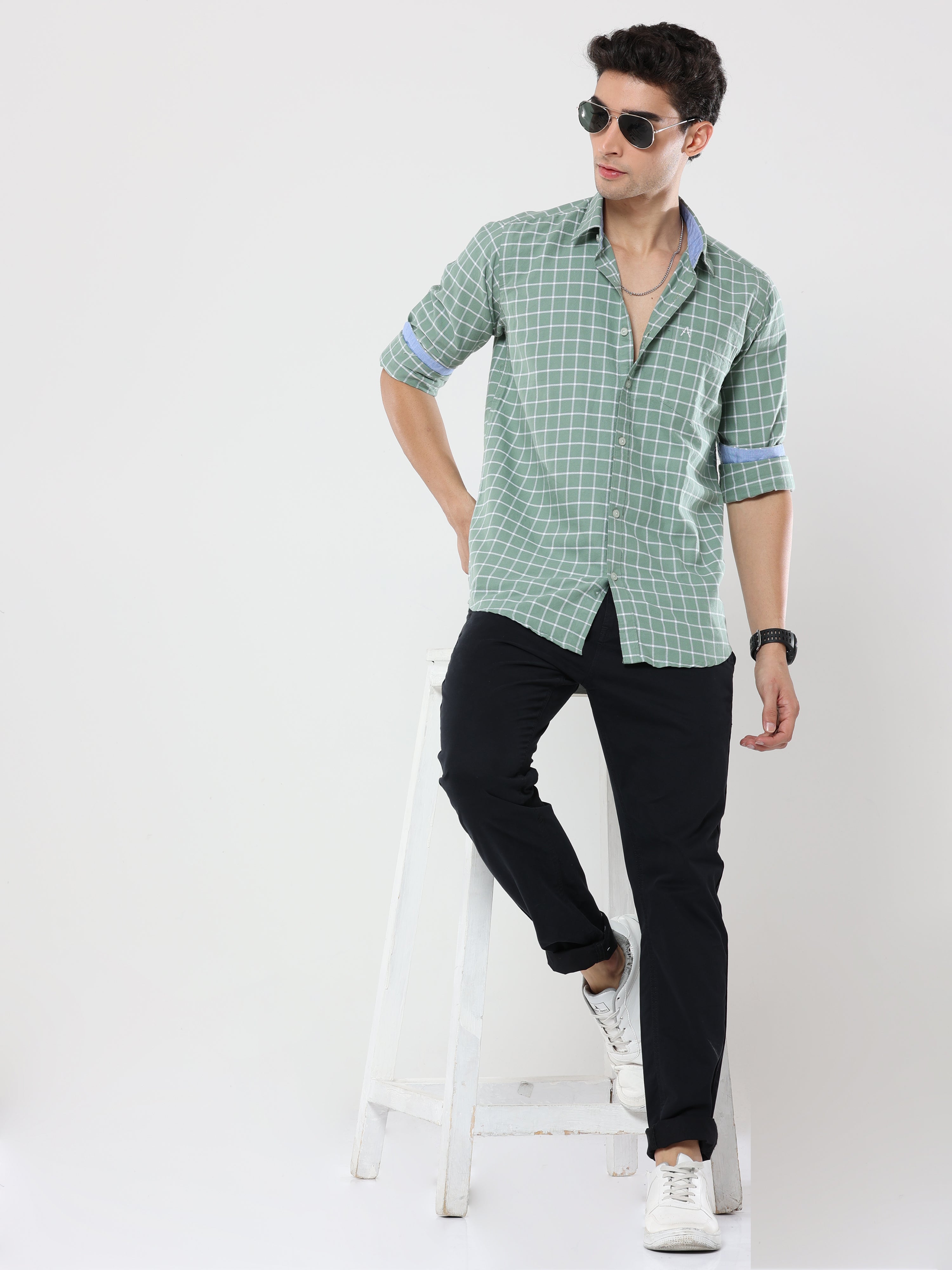 Green Big Graph Checks premium Cotton shirt for men