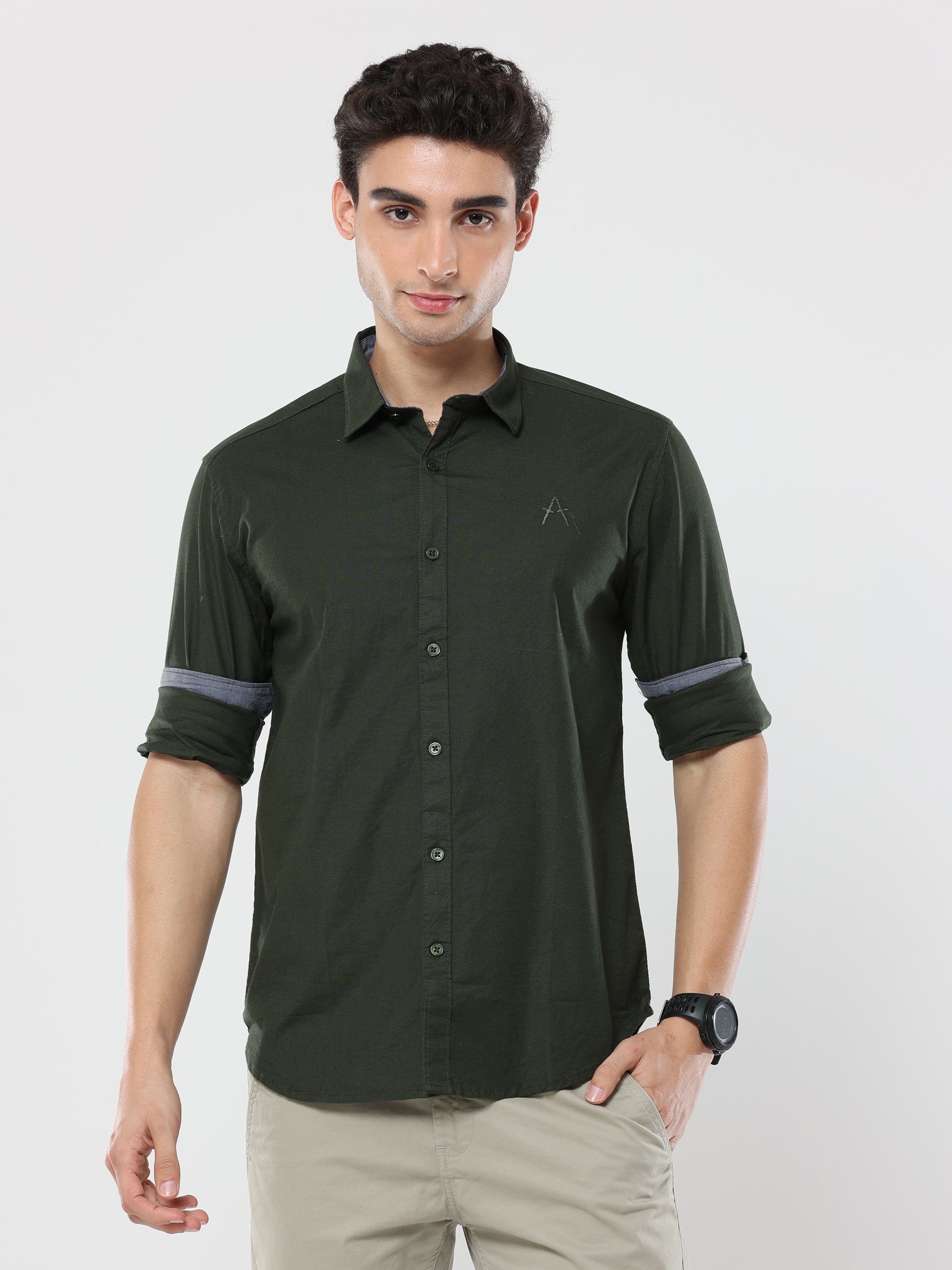 Military Green Plain Premium Cotton Oxford Shirt For Men