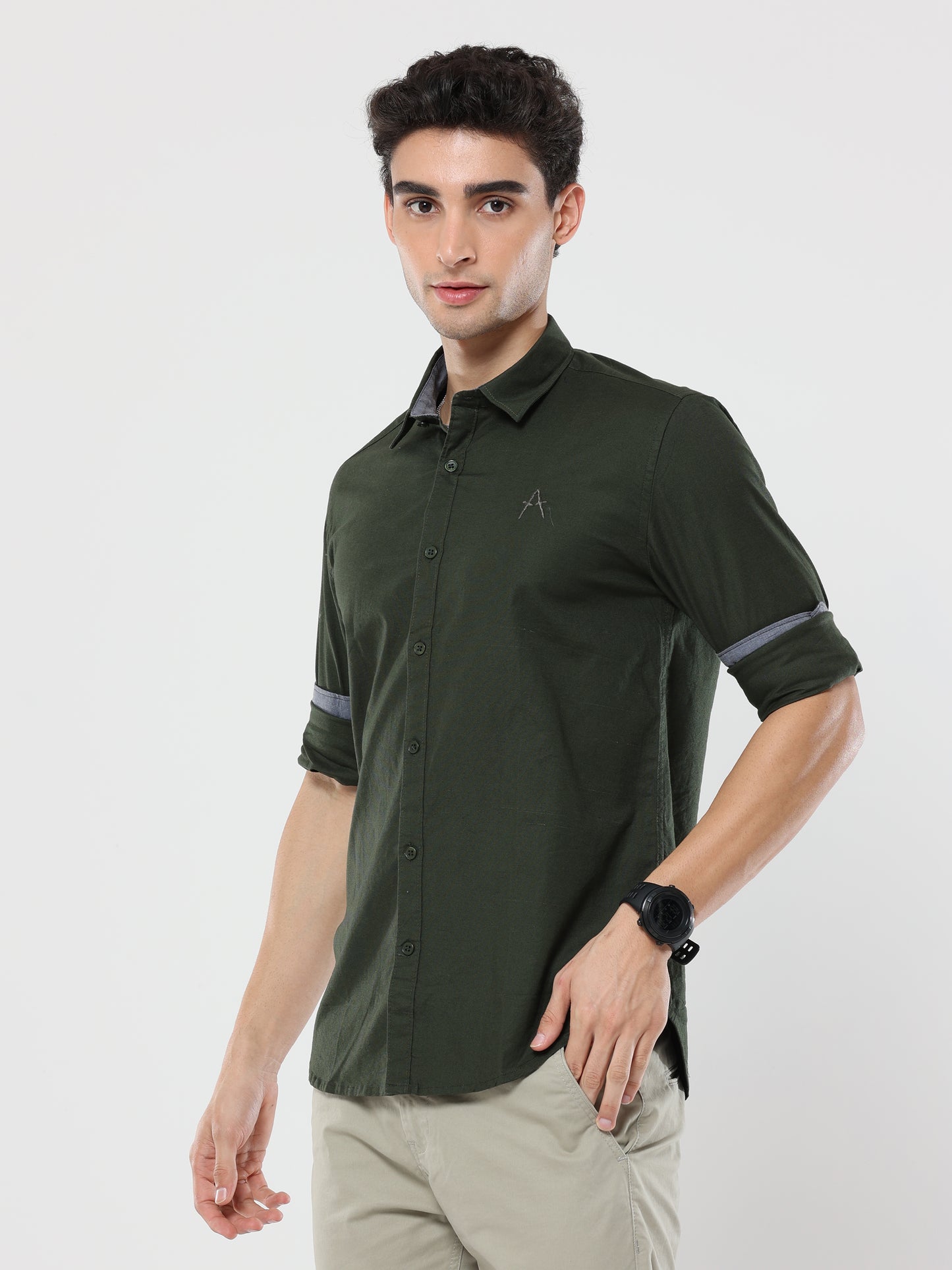 Military Green Plain Premium Cotton Oxford Shirt For Men