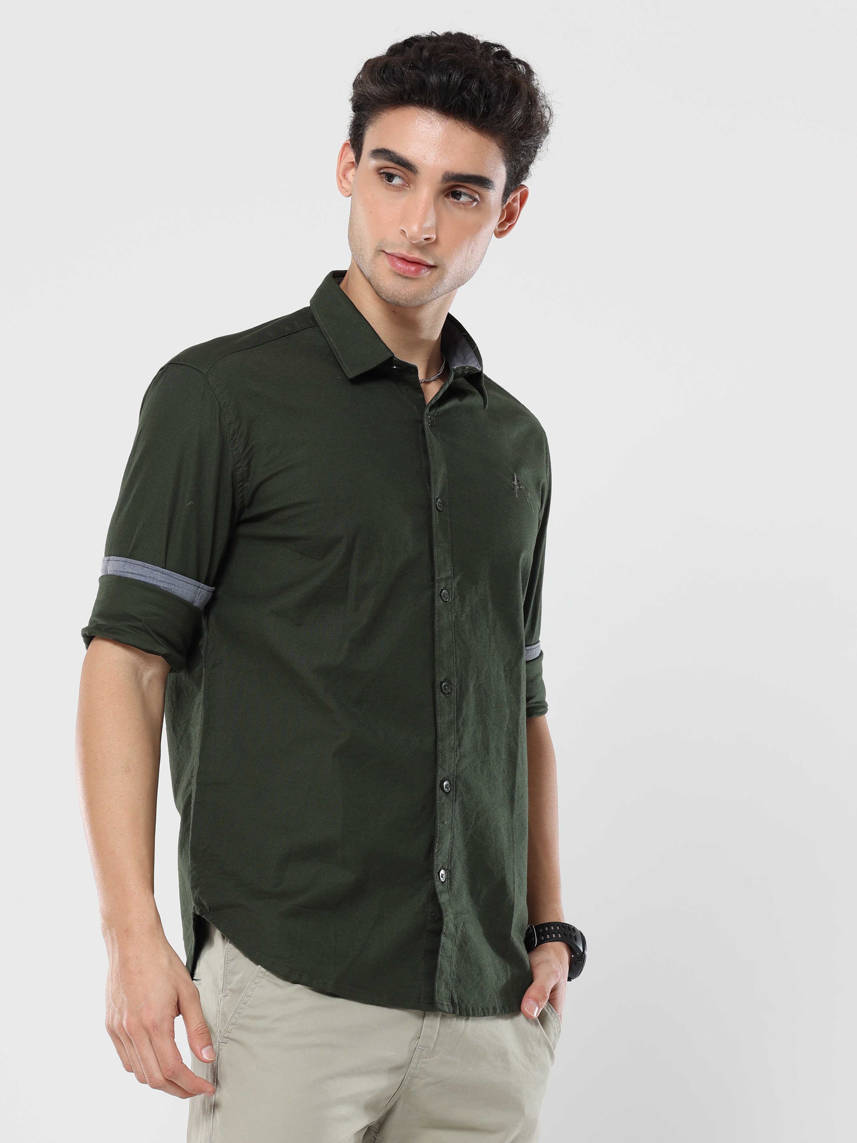 Military Green Plain Premium Cotton Oxford Shirt For Men