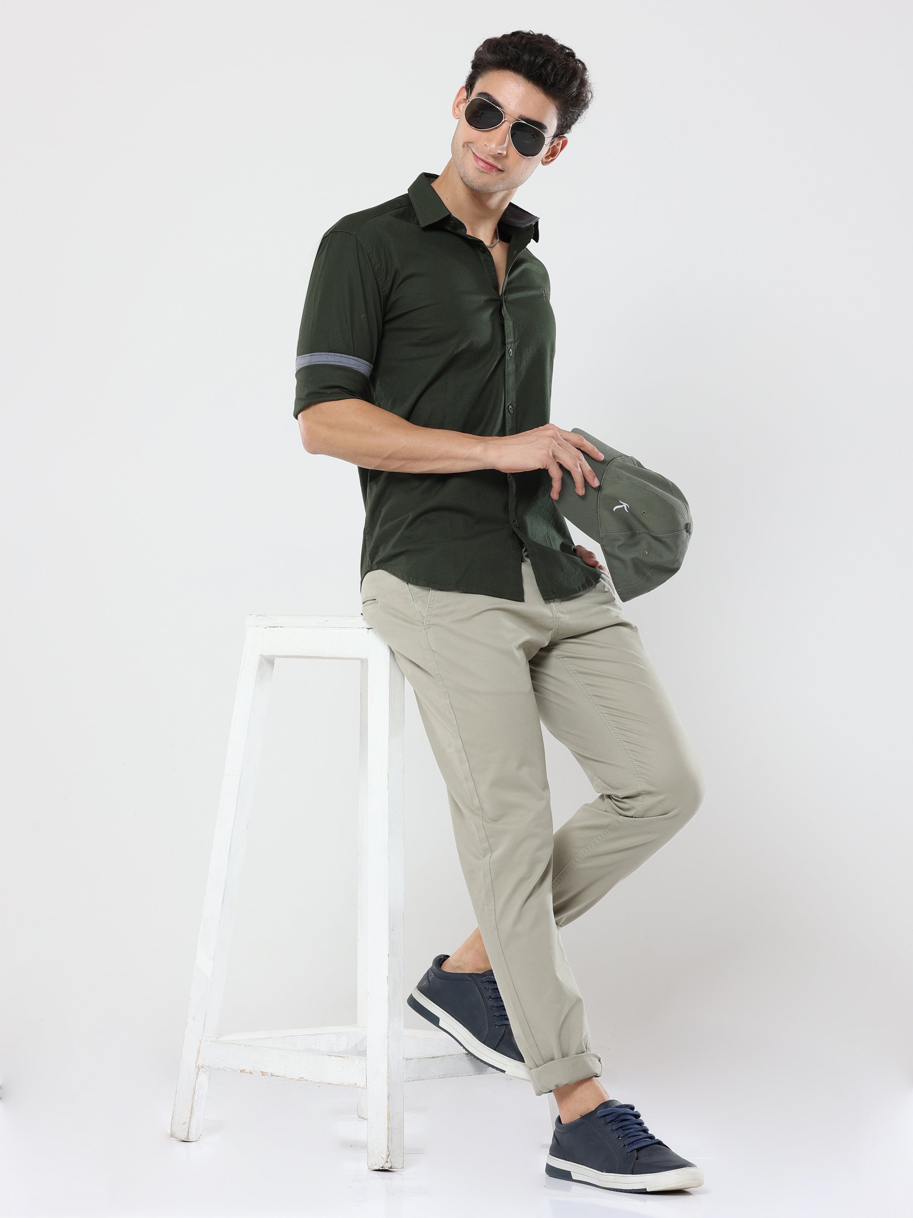 Military Green Plain Premium Cotton Oxford Shirt For Men