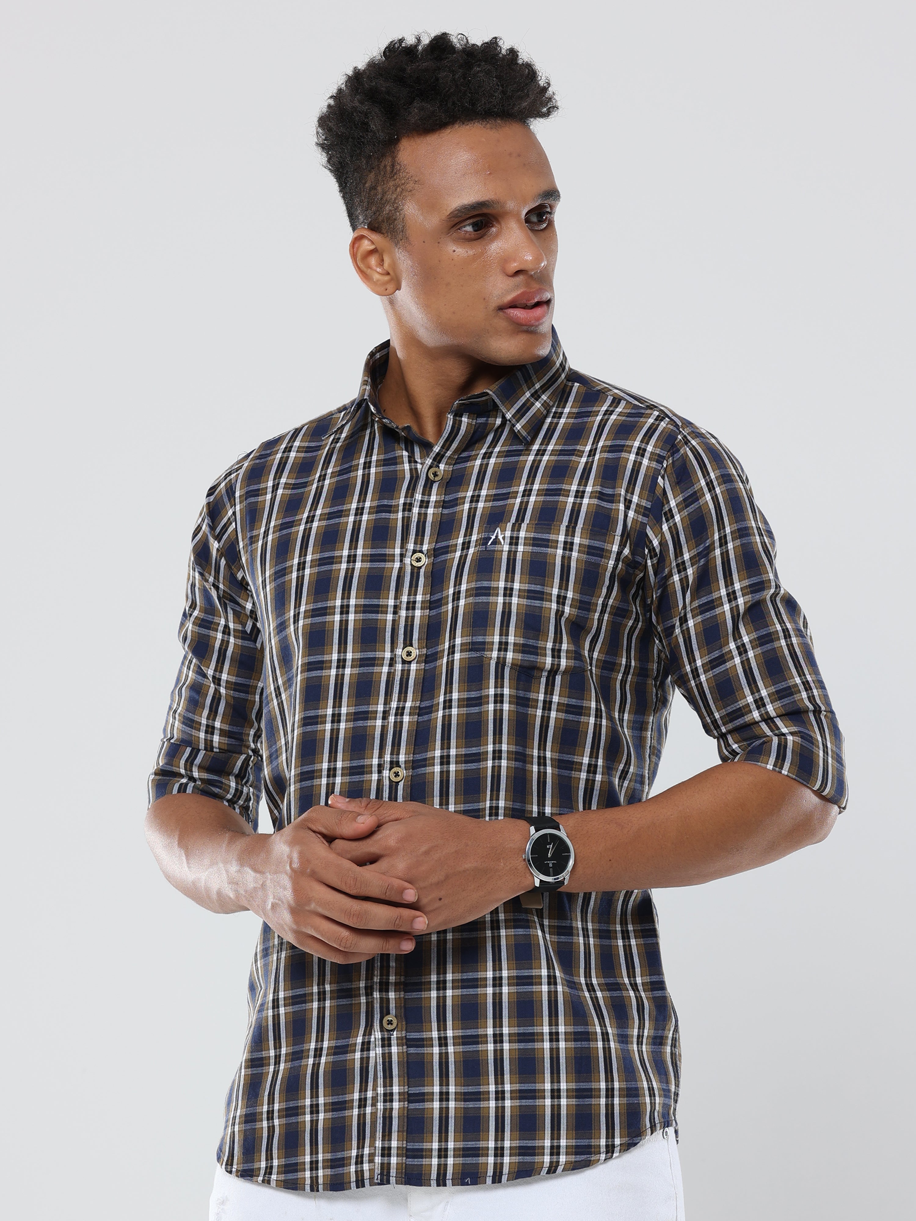 Dark beige blue Checks premium Cotton shirt for men