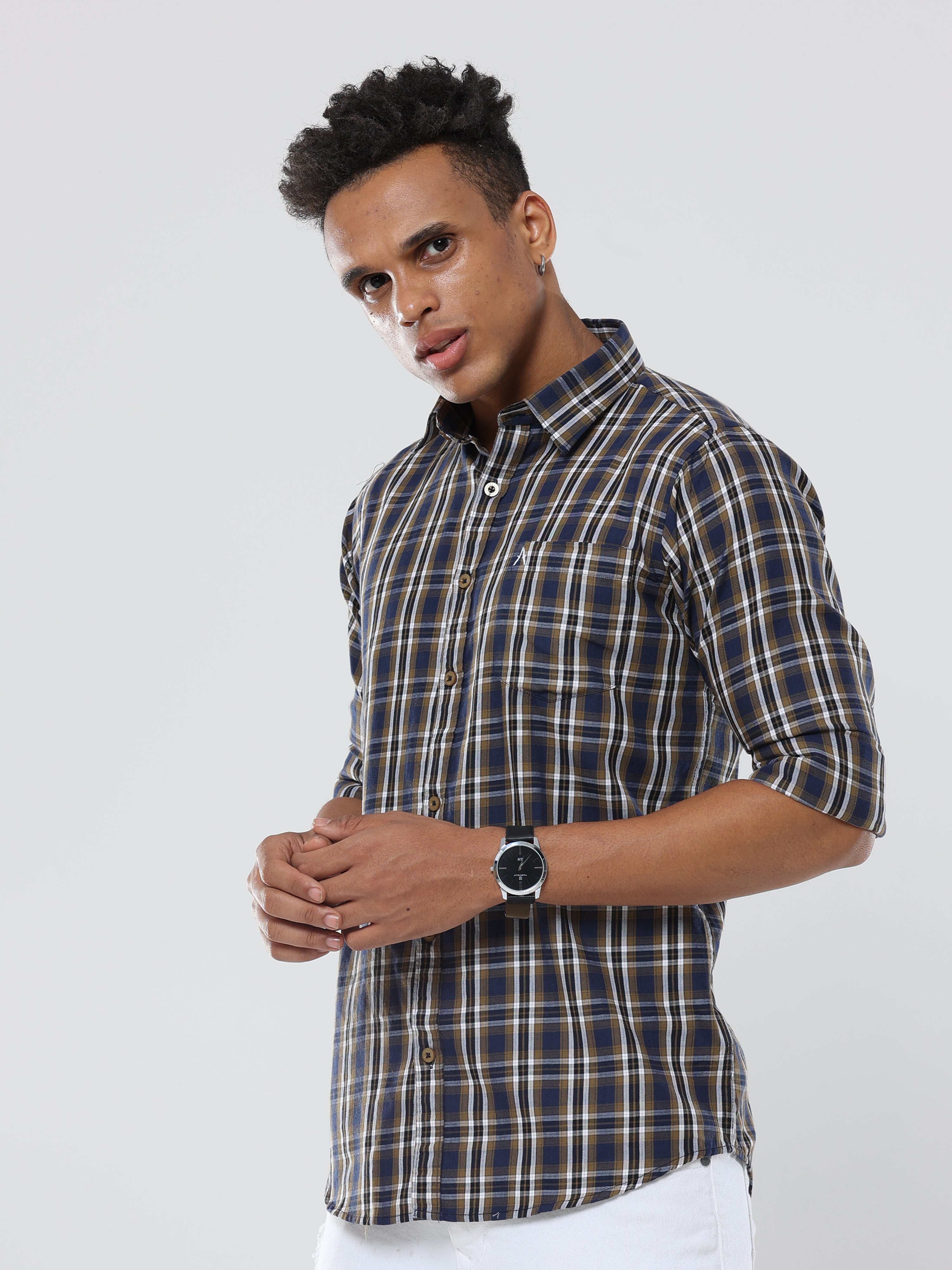 Dark beige blue Checks premium Cotton shirt for men