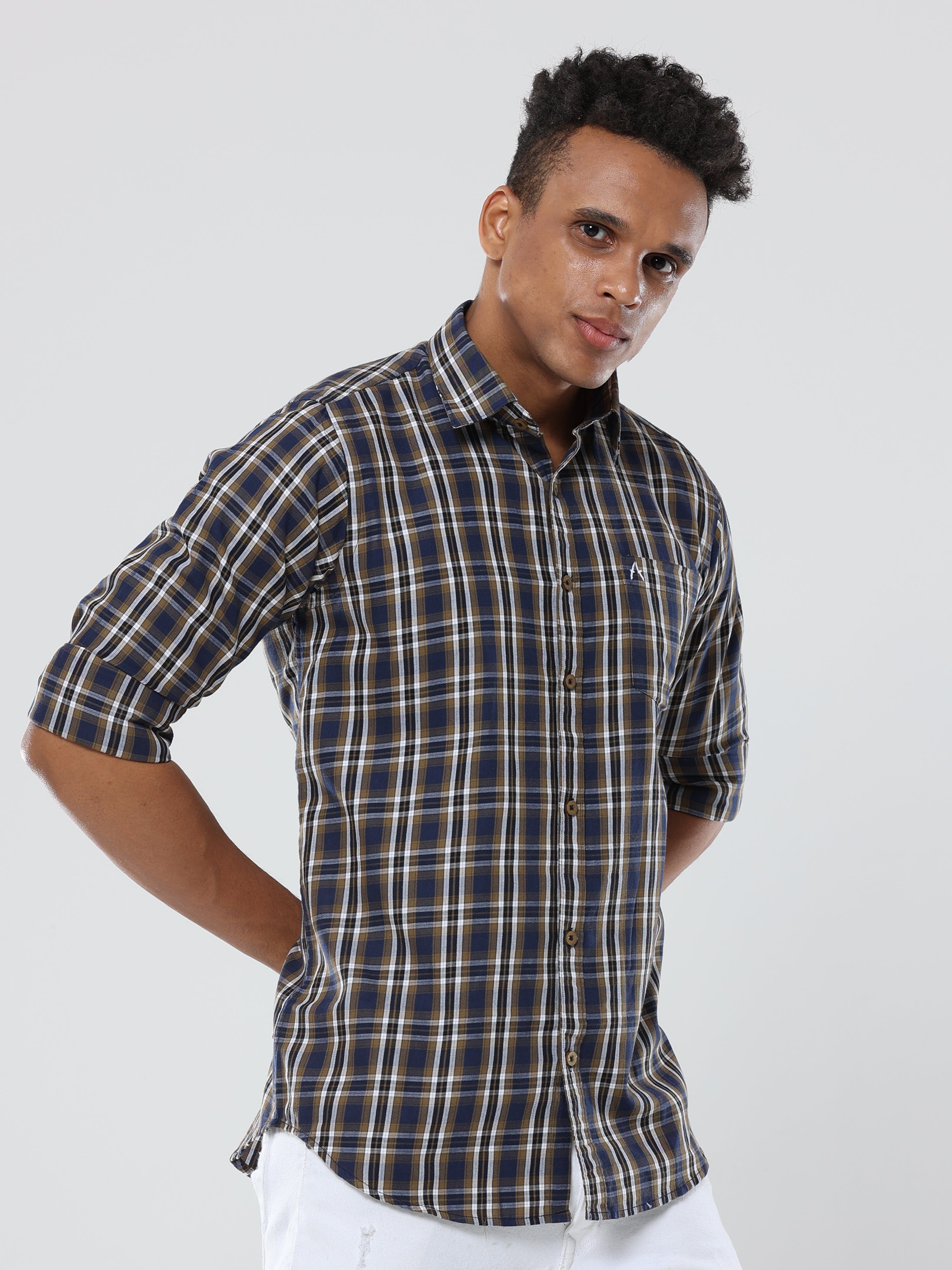 Dark beige blue Checks premium Cotton shirt for men