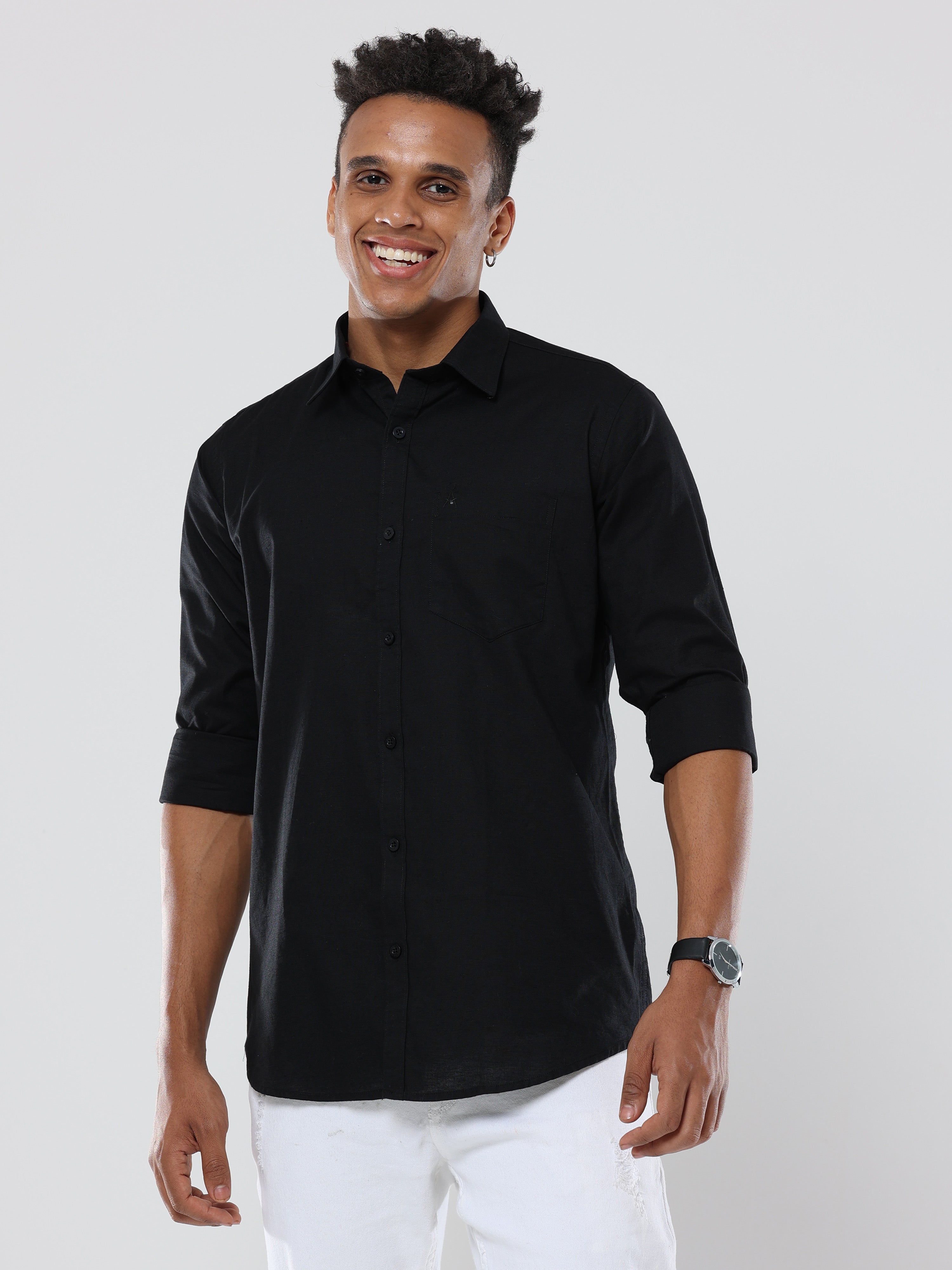 Black Plain premium Cotton linen shirt with pocket for men