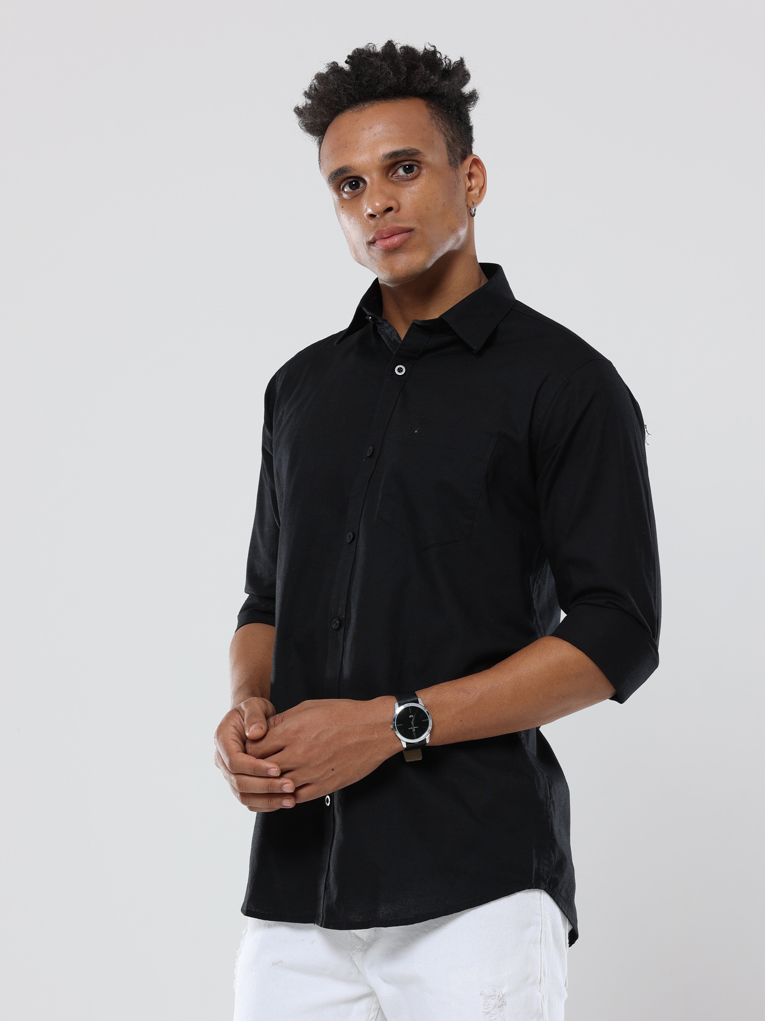 Black Plain premium Cotton linen shirt with pocket for men