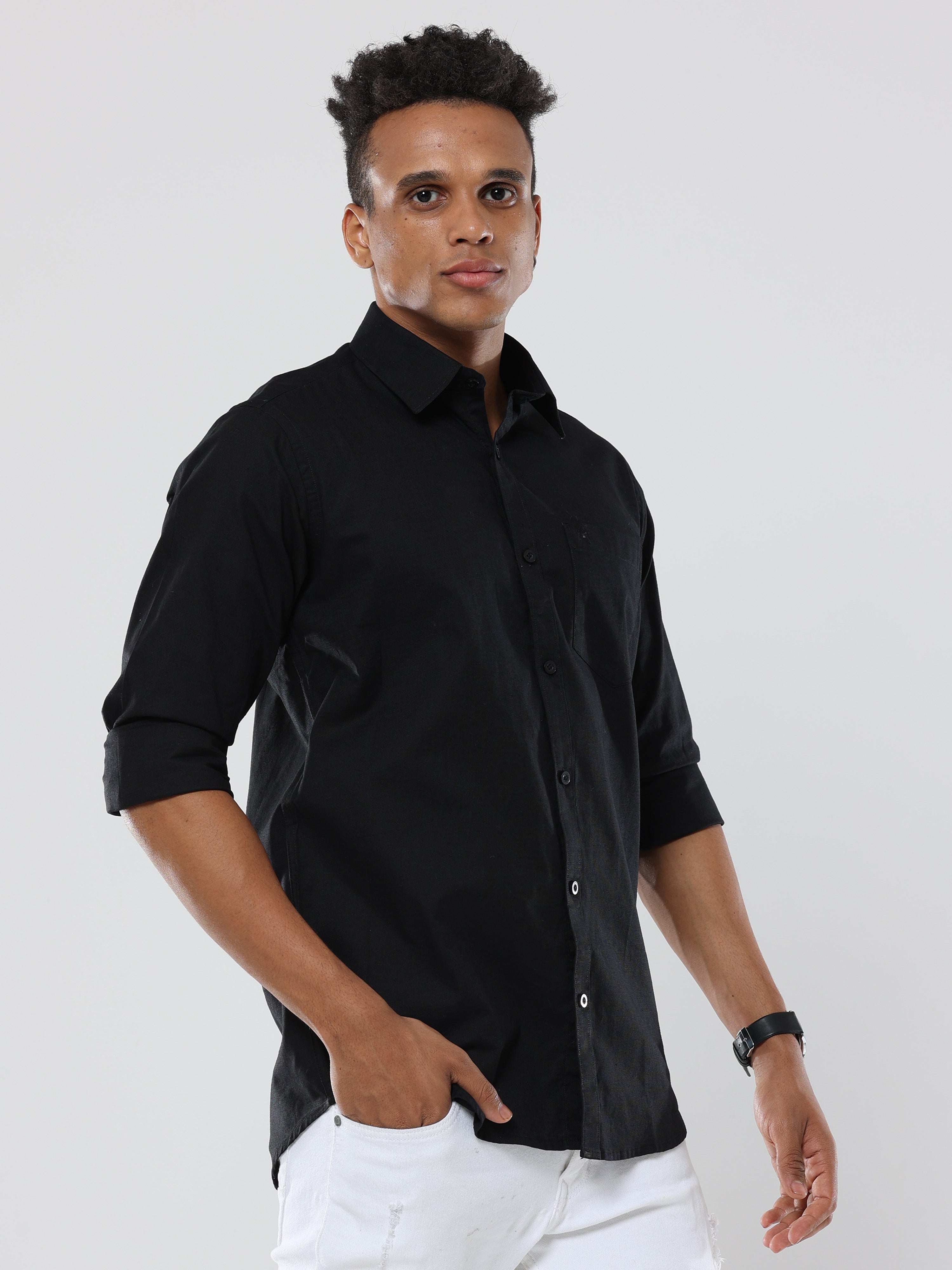 Black Plain premium Cotton linen shirt with pocket for men