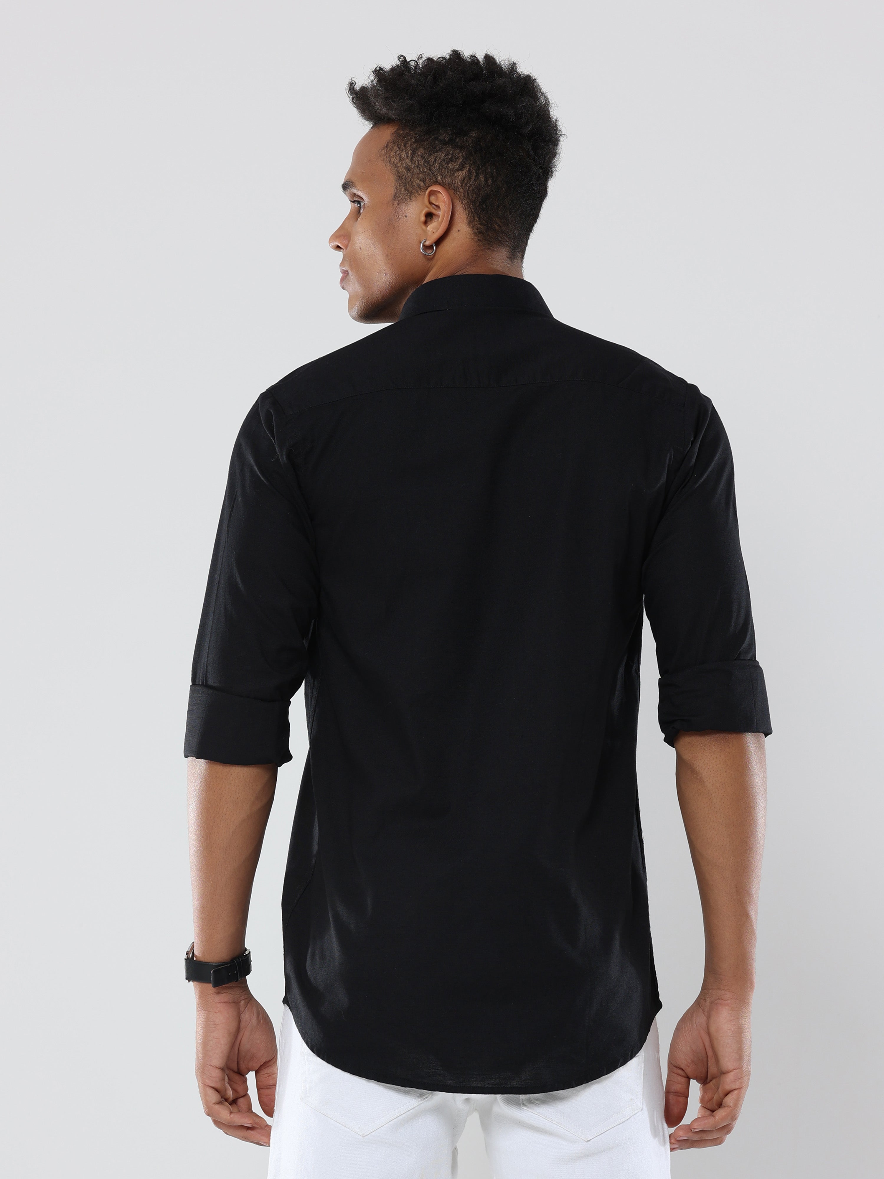 Black Plain premium Cotton linen shirt with pocket for men