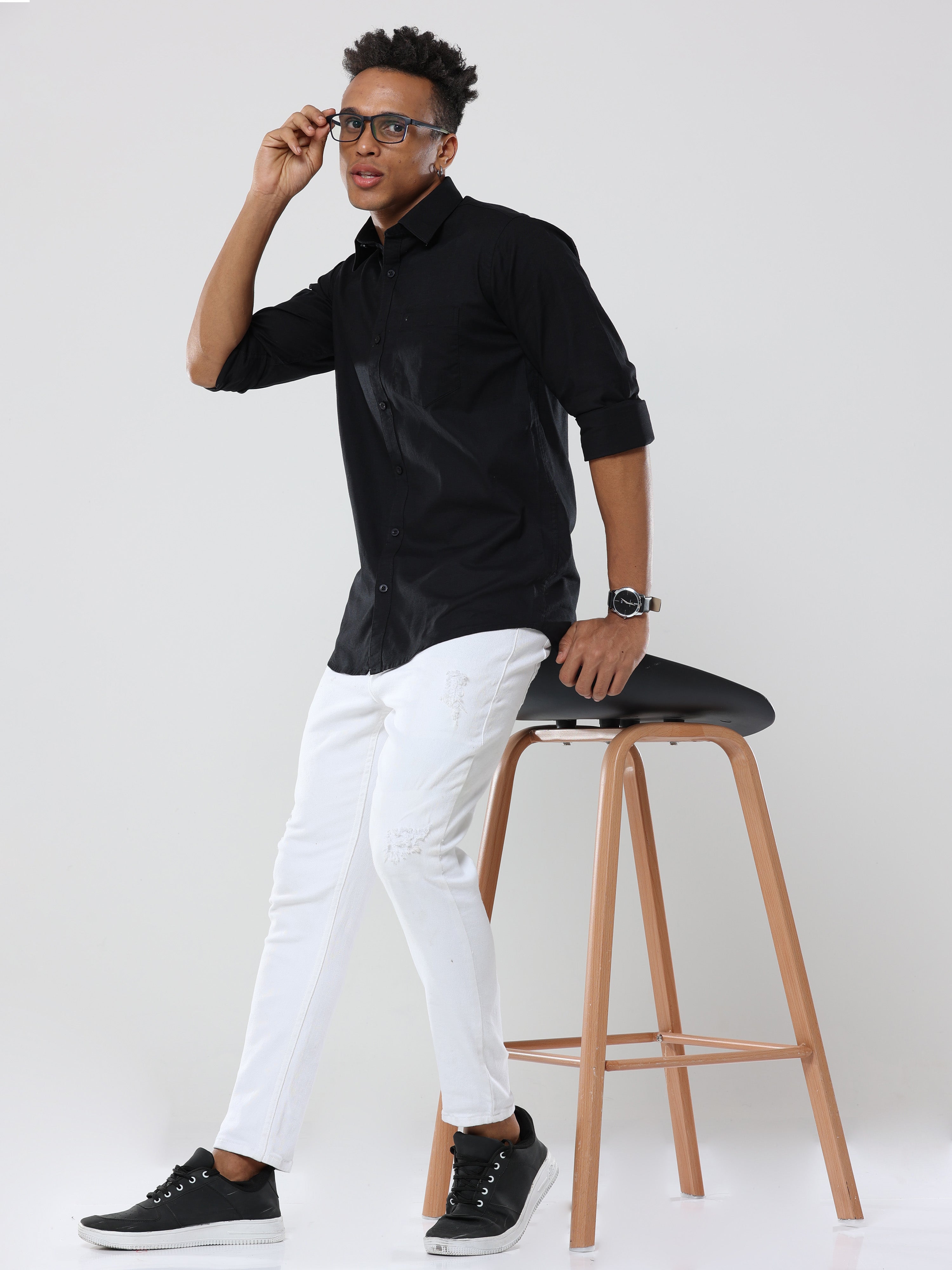 Black Plain premium Cotton linen shirt with pocket for men