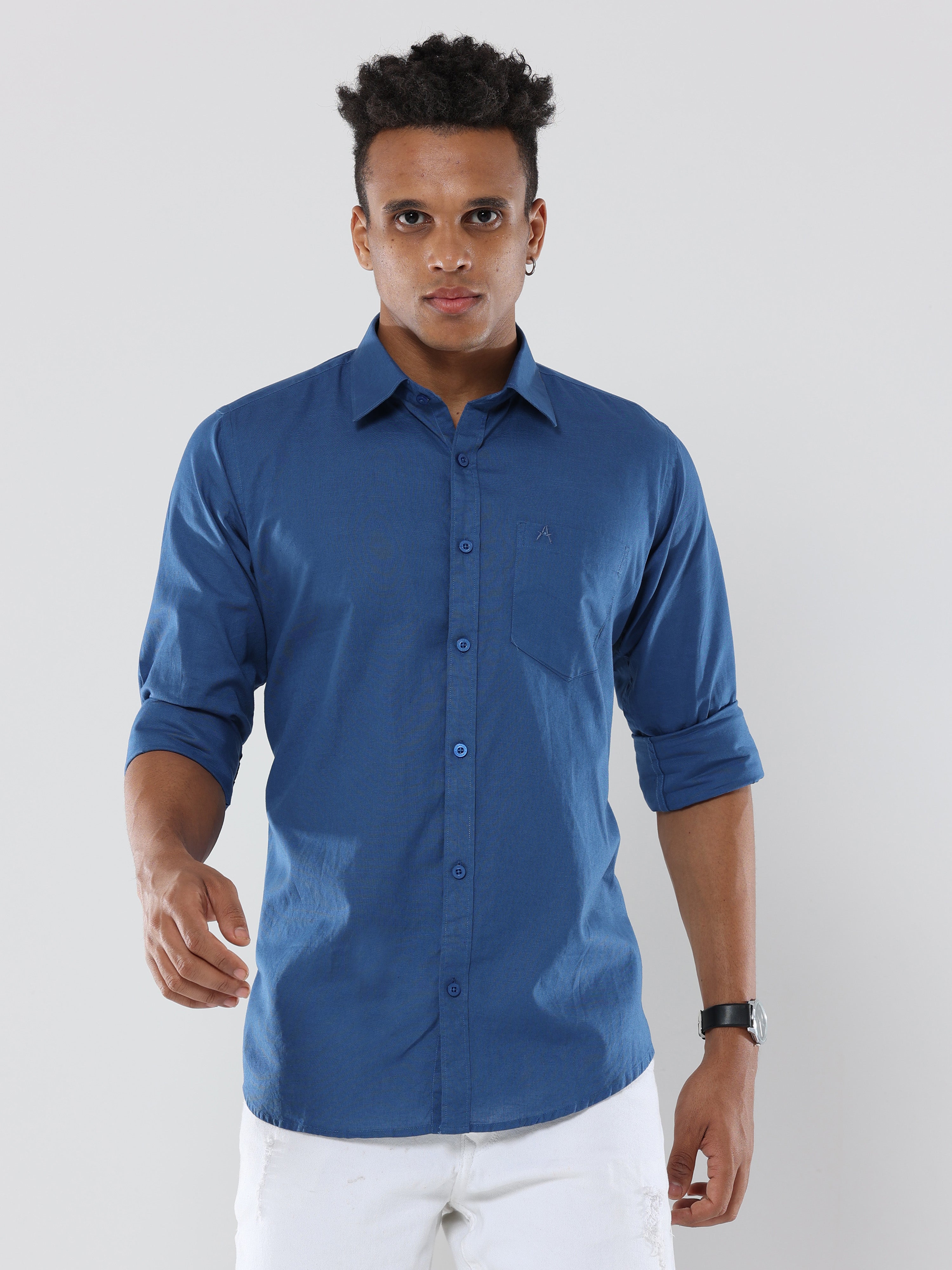 Royal Blue Plain premium Cotton linen shirt with pocket for men