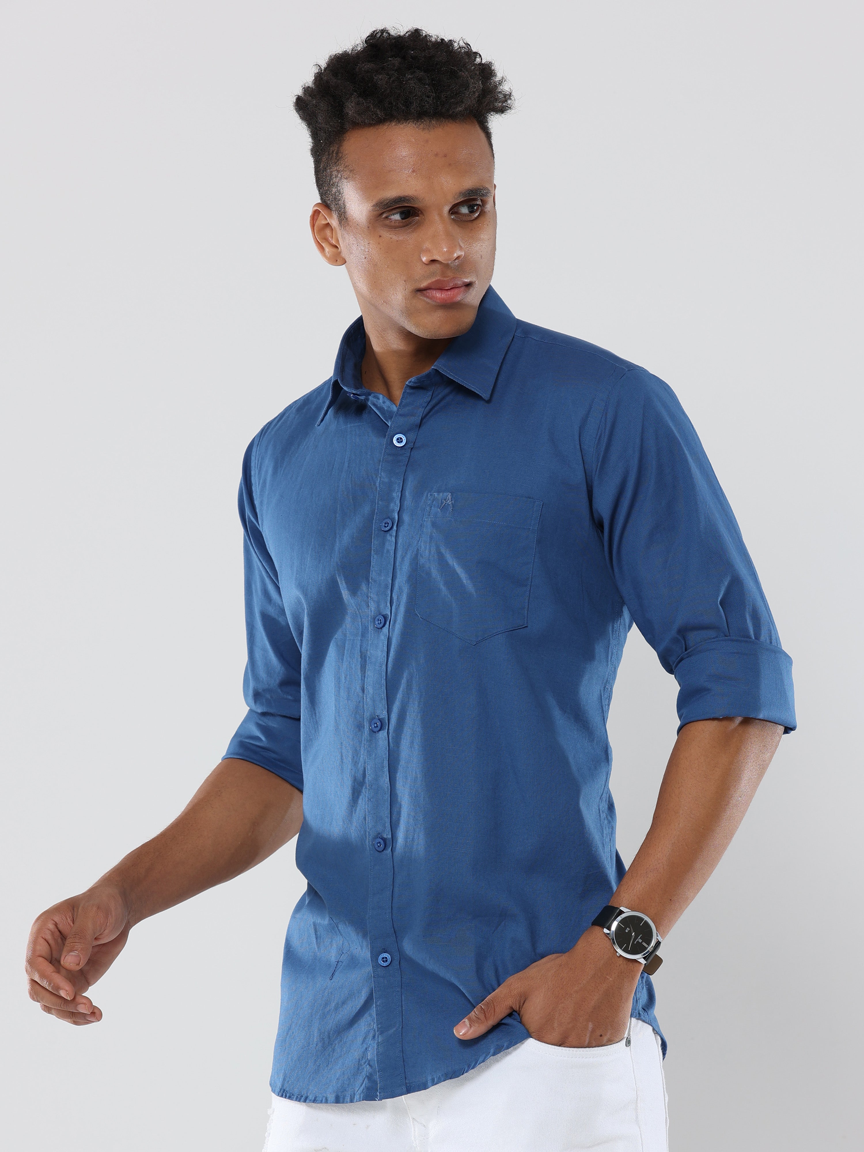 Royal Blue Plain premium Cotton linen shirt with pocket for men