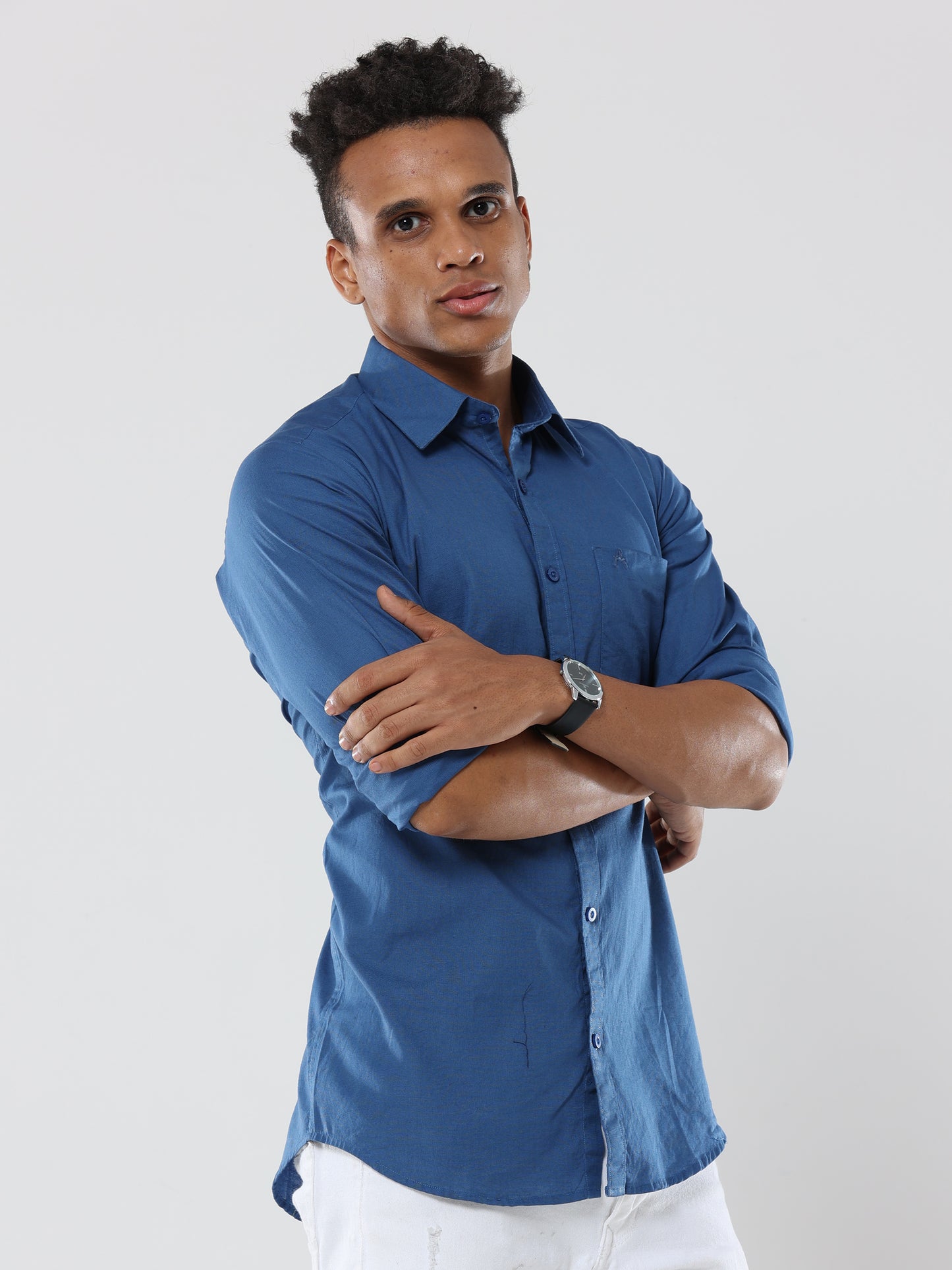 Royal Blue Plain premium Cotton linen shirt with pocket for men
