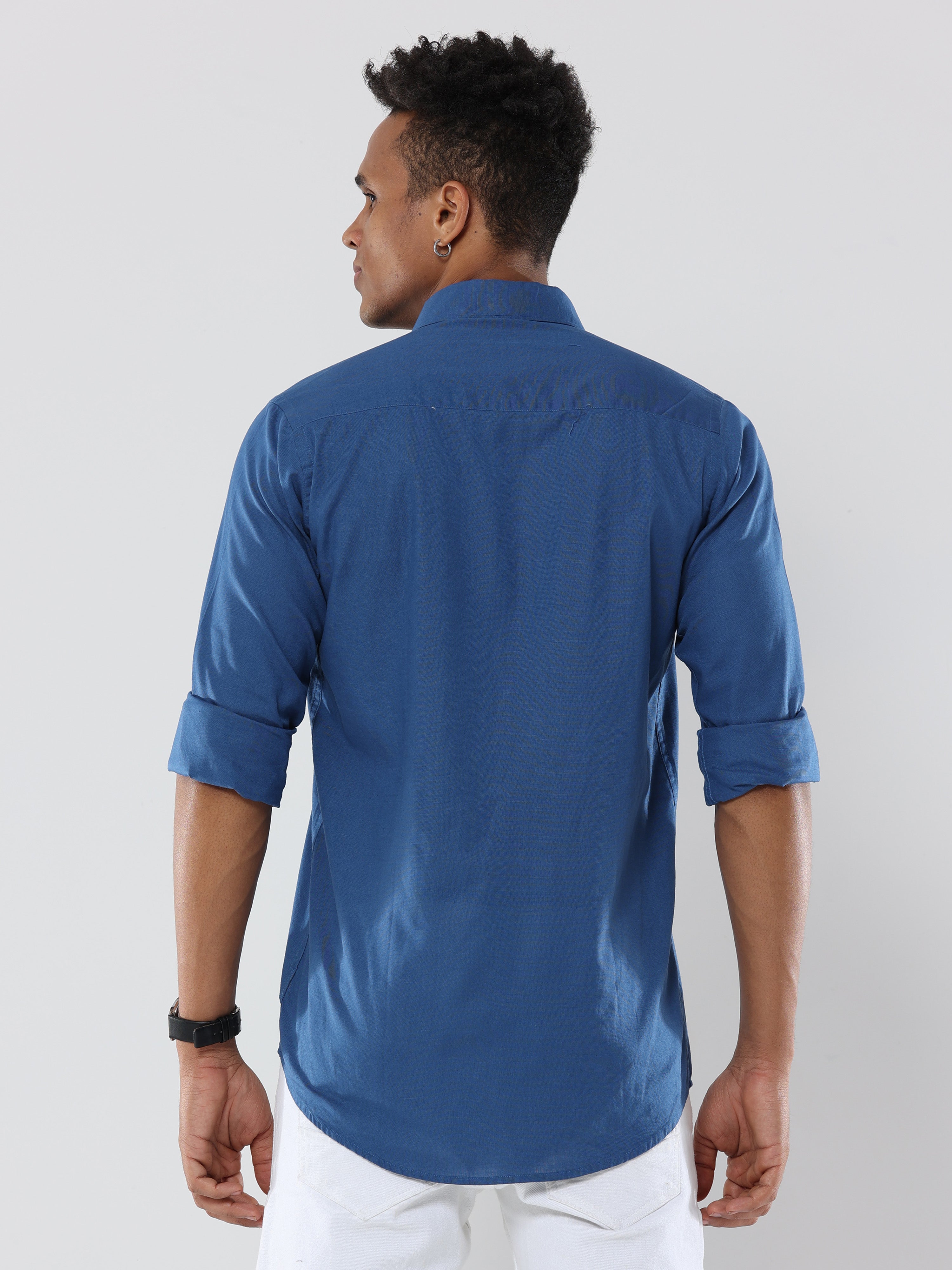 Royal Blue Plain premium Cotton linen shirt with pocket for men