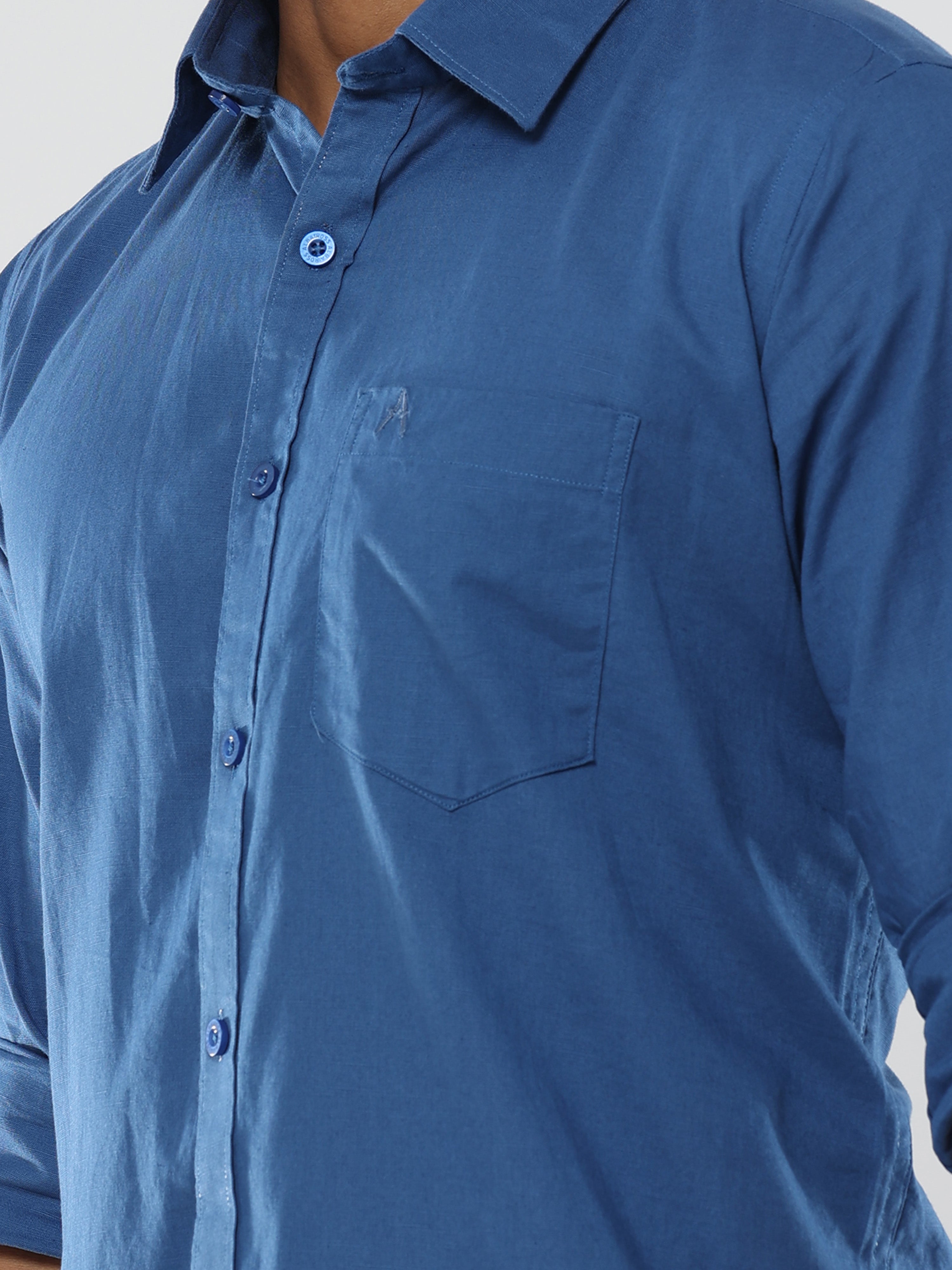 Royal Blue Plain premium Cotton linen shirt with pocket for men