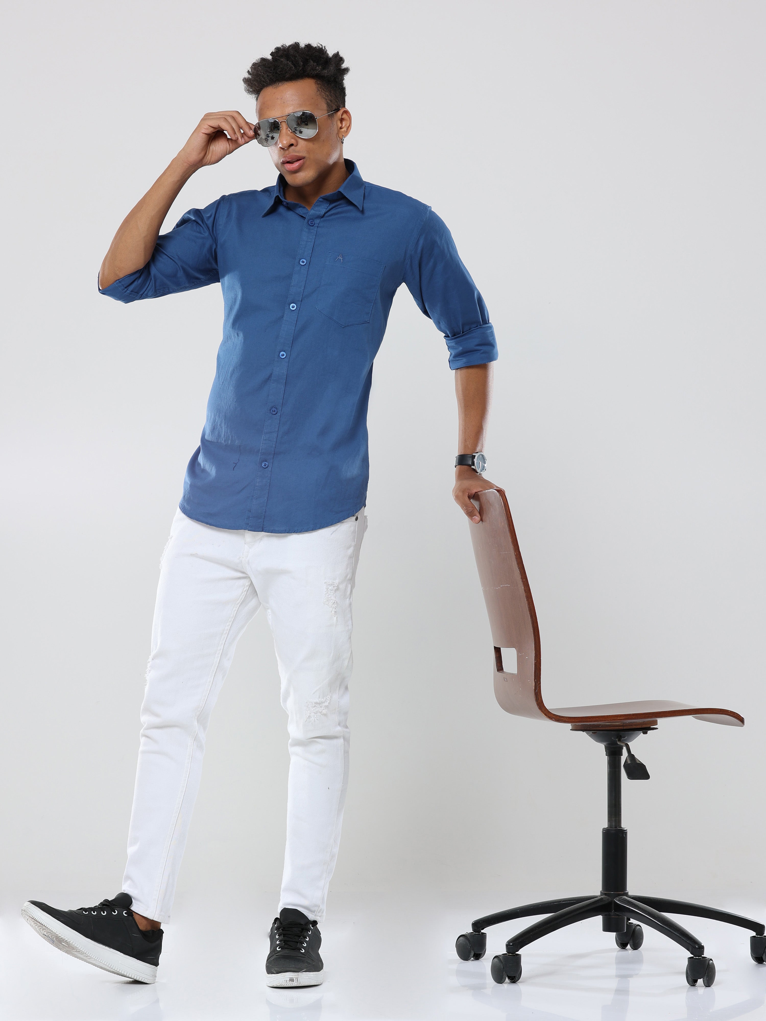 Royal Blue Plain premium Cotton linen shirt with pocket for men