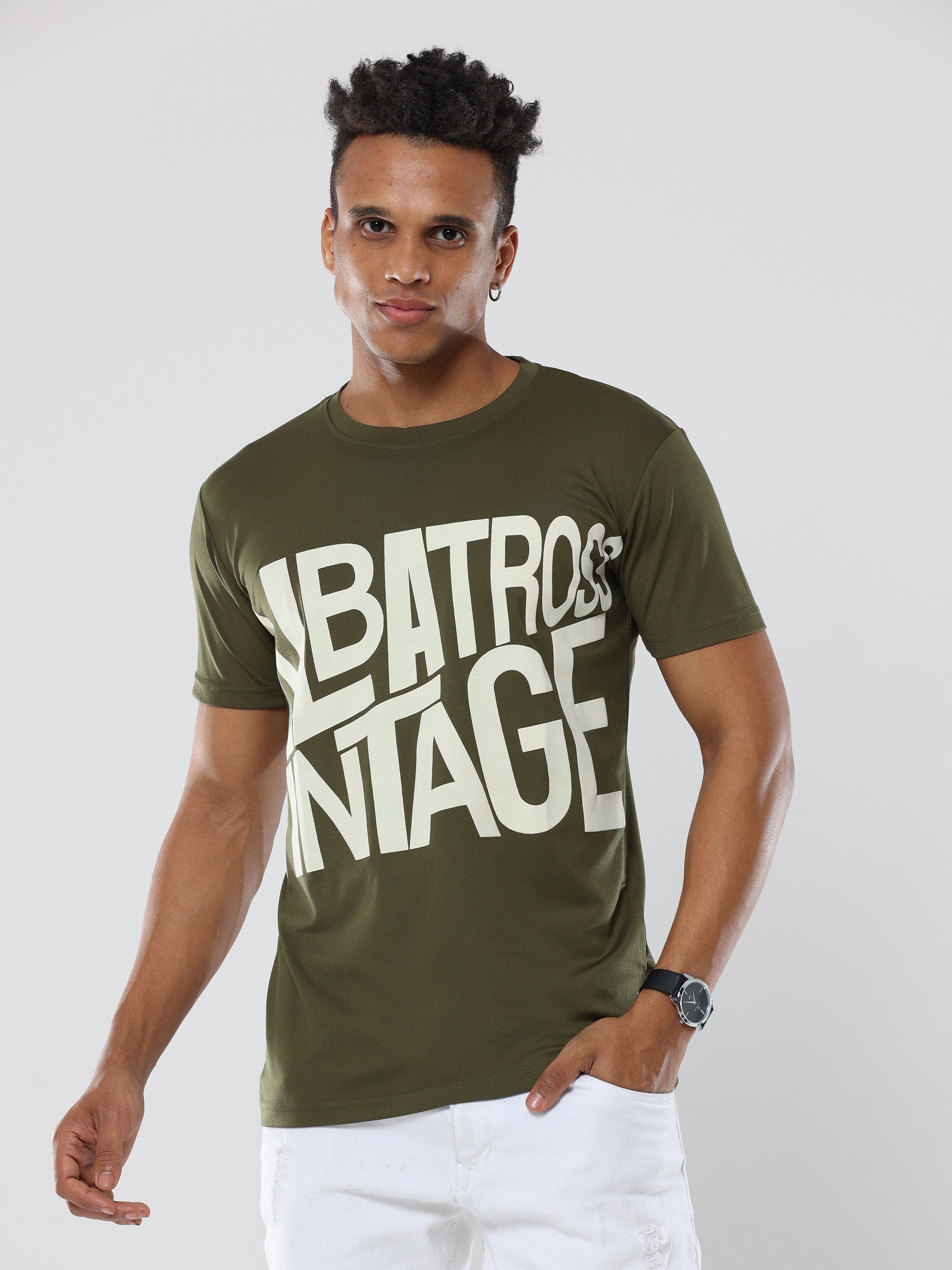 Classic Italian Bottle Green Albatross Vintage puff printed T-shirt for men