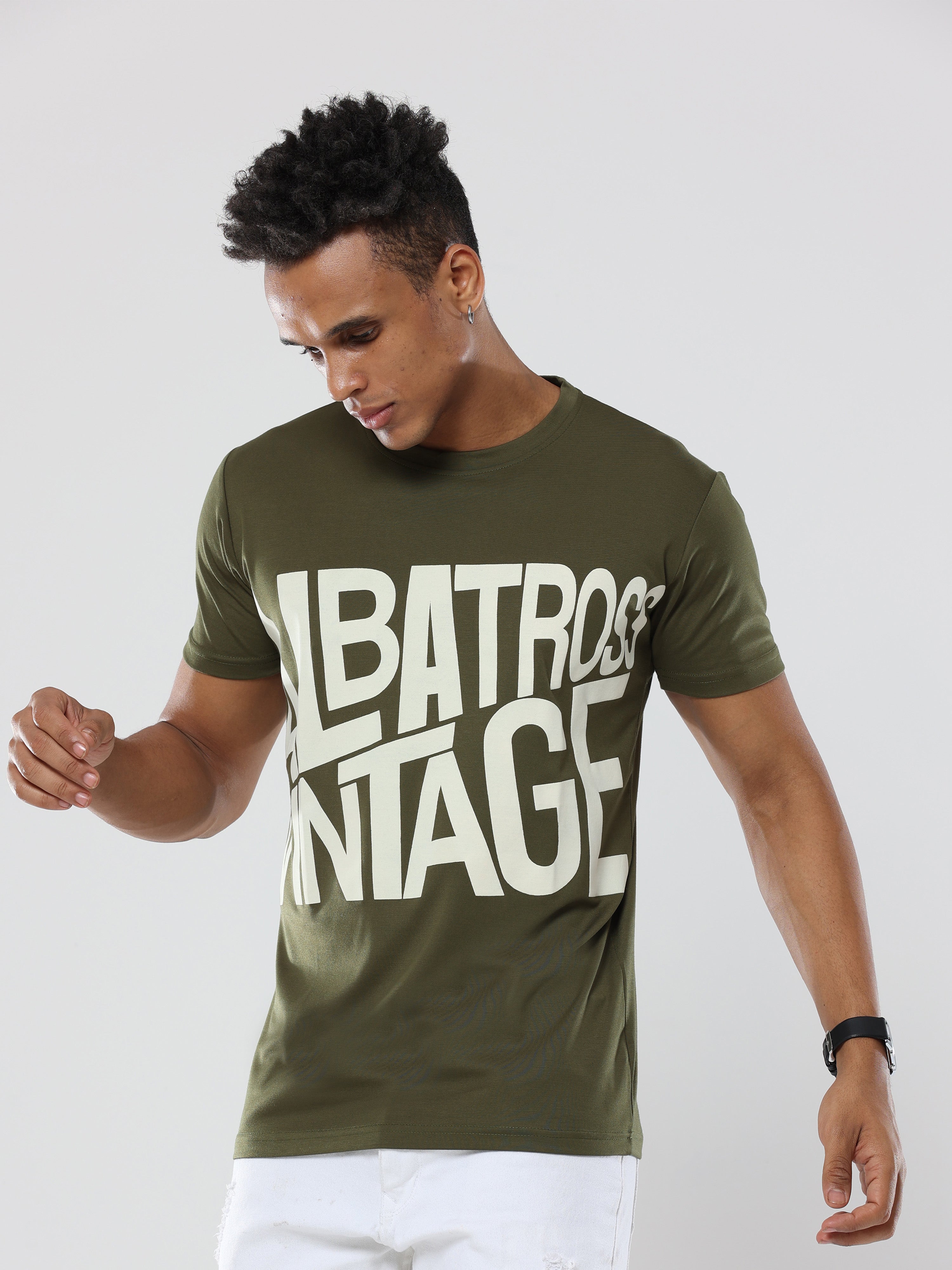 Classic Italian Bottle Green Albatross Vintage puff printed T-shirt for men