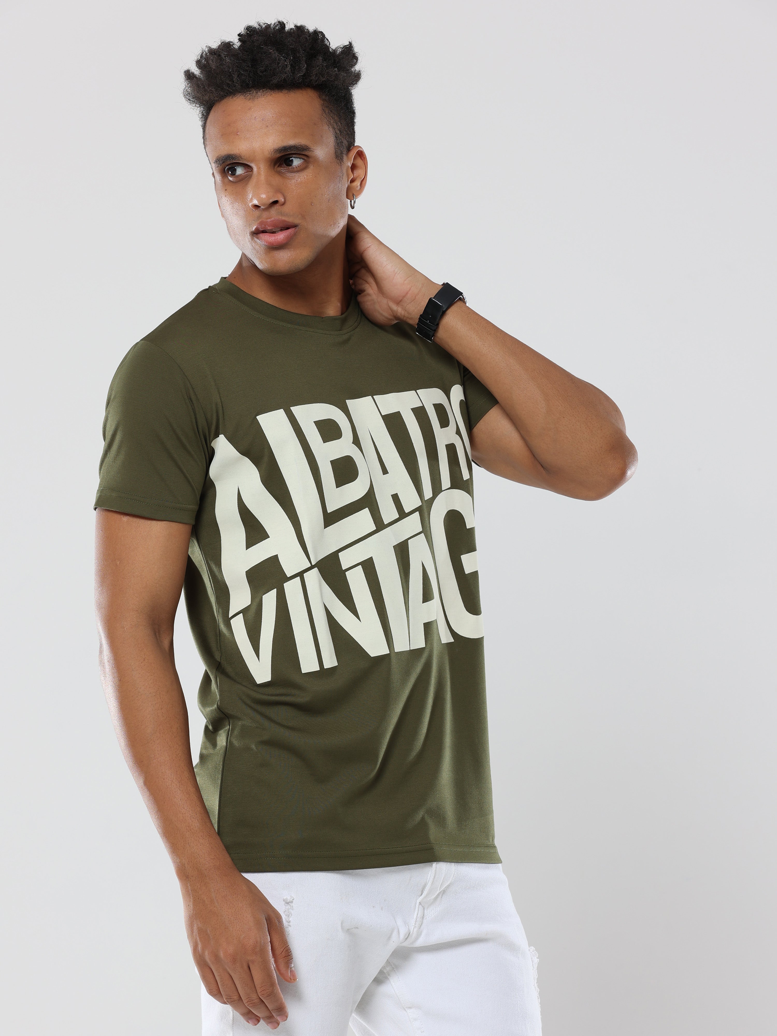 Classic Italian Bottle Green Albatross Vintage puff printed T-shirt for men