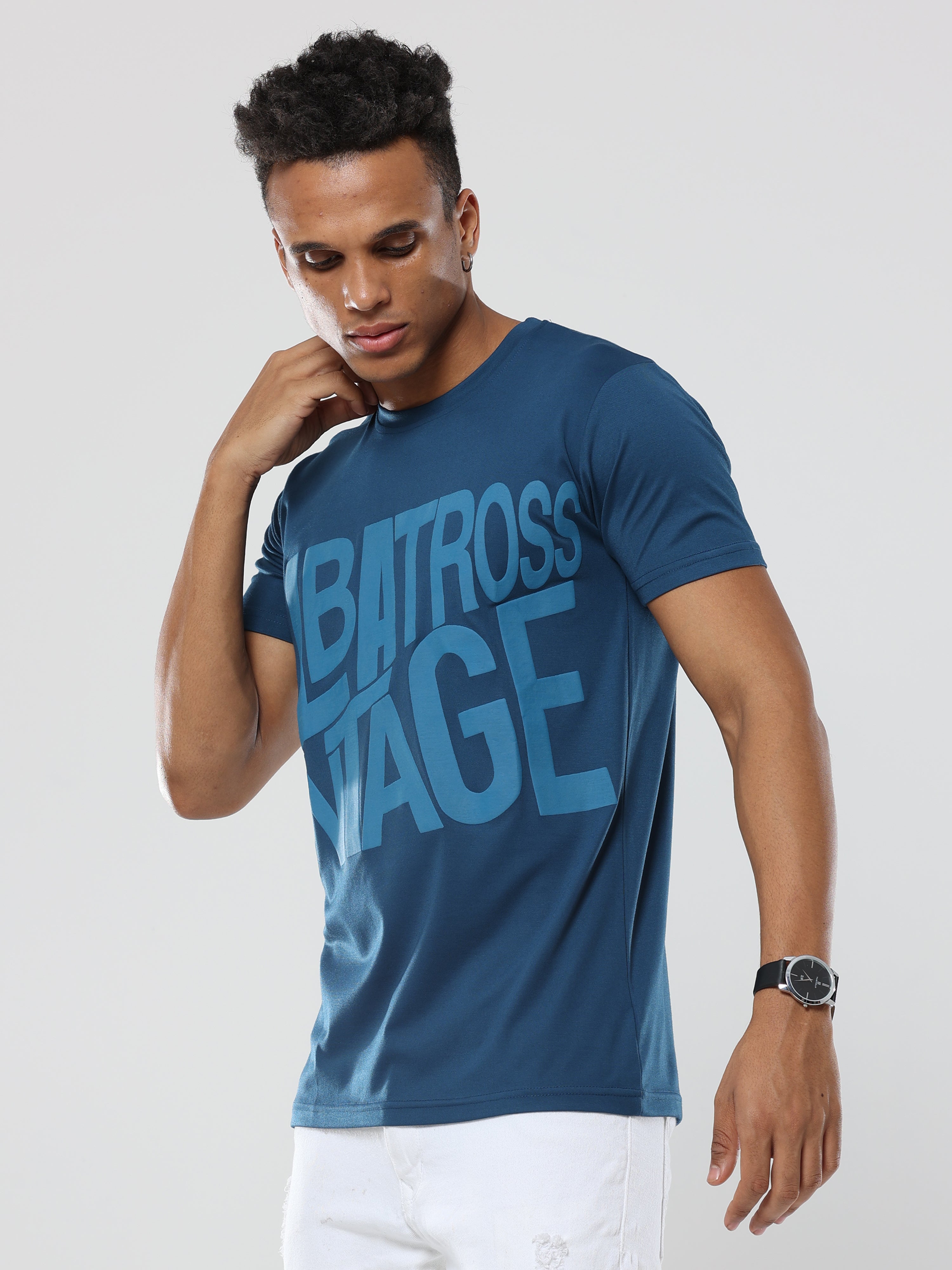 Classic Italian Cobalt Blue Albatross Vintage puff printed T-shirt for men