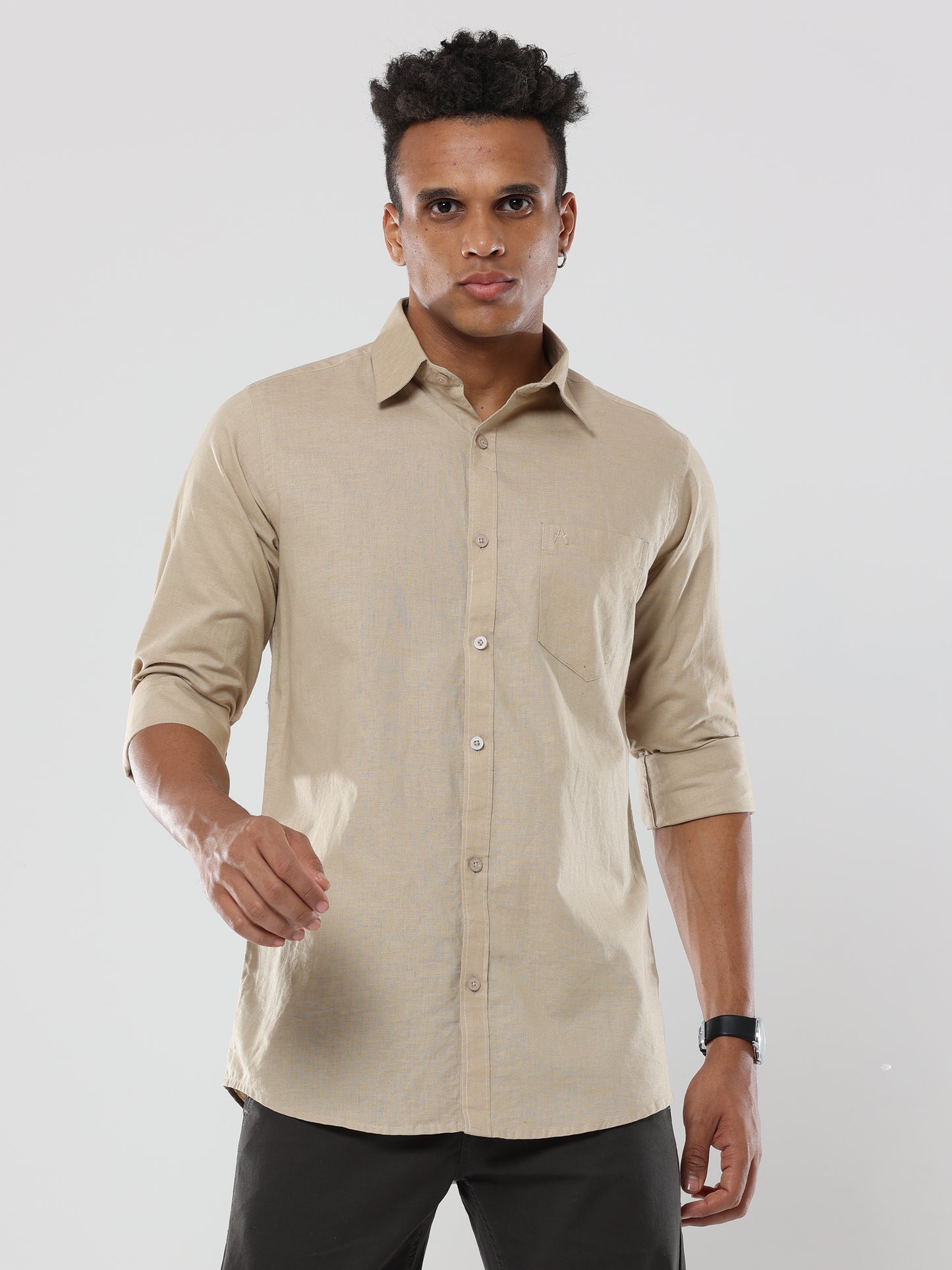 Biscuit Plain premium Cotton linen shirt with pocket for men