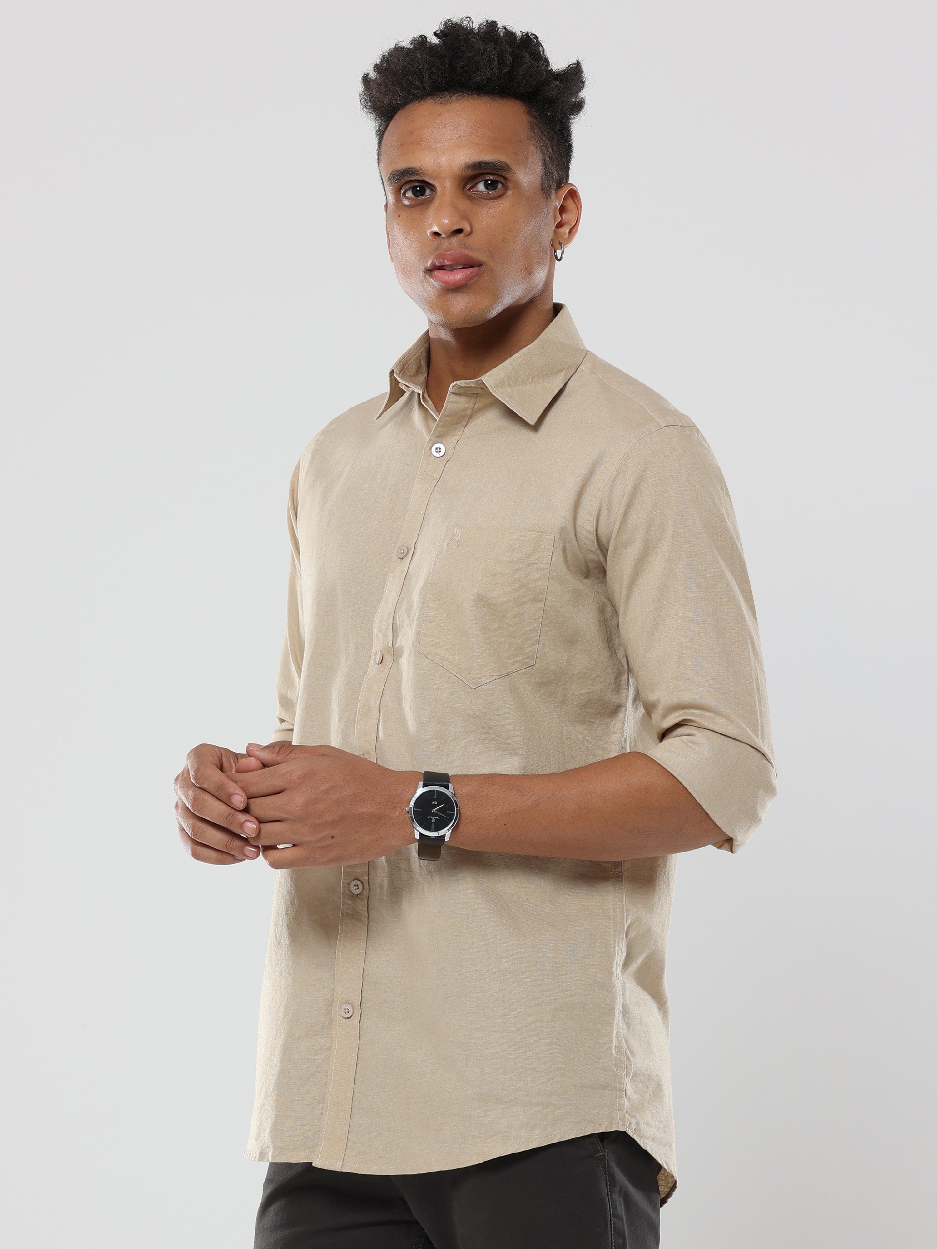 Biscuit Plain premium Cotton linen shirt with pocket for men