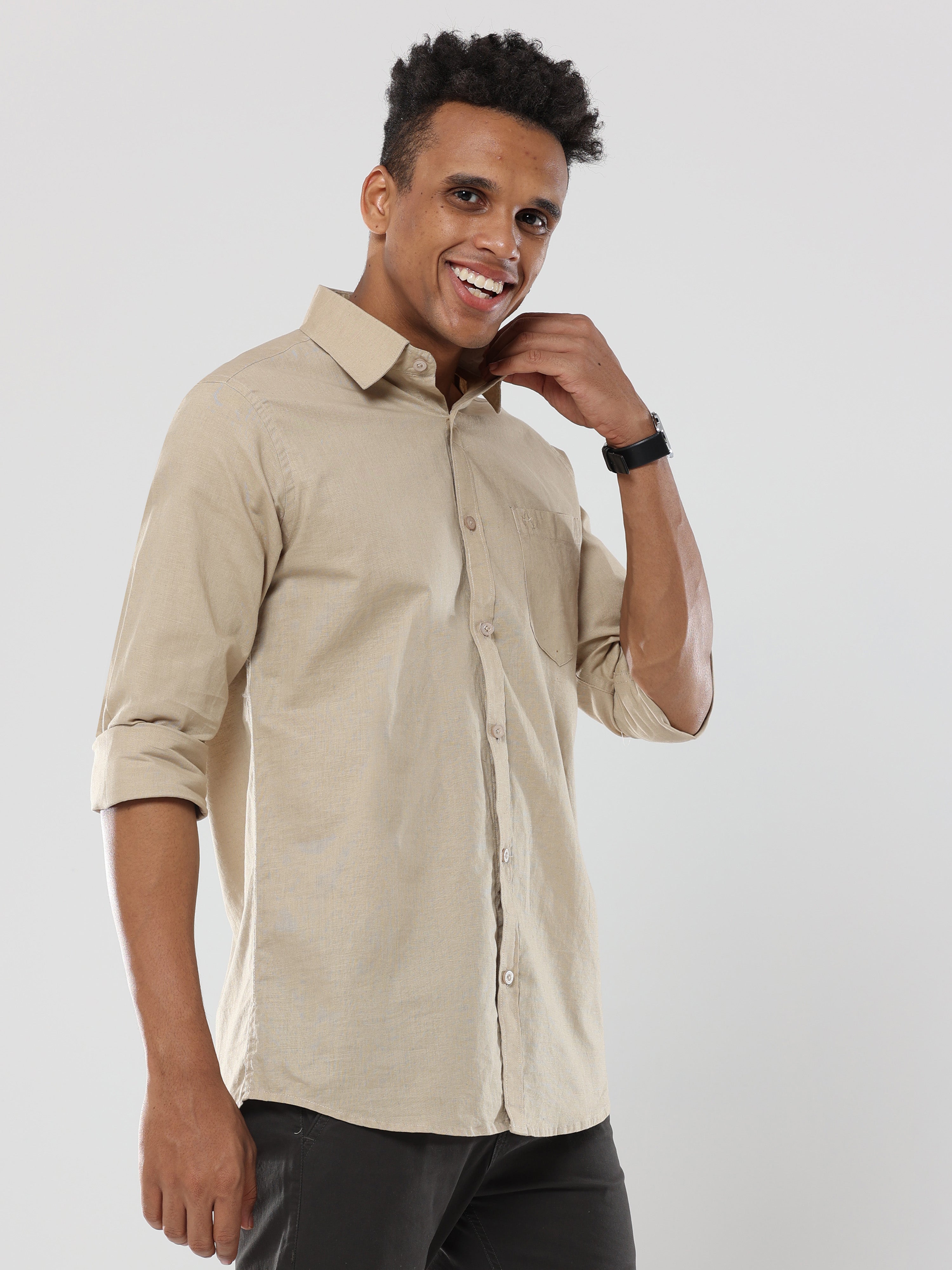 Biscuit Plain premium Cotton linen shirt with pocket for men