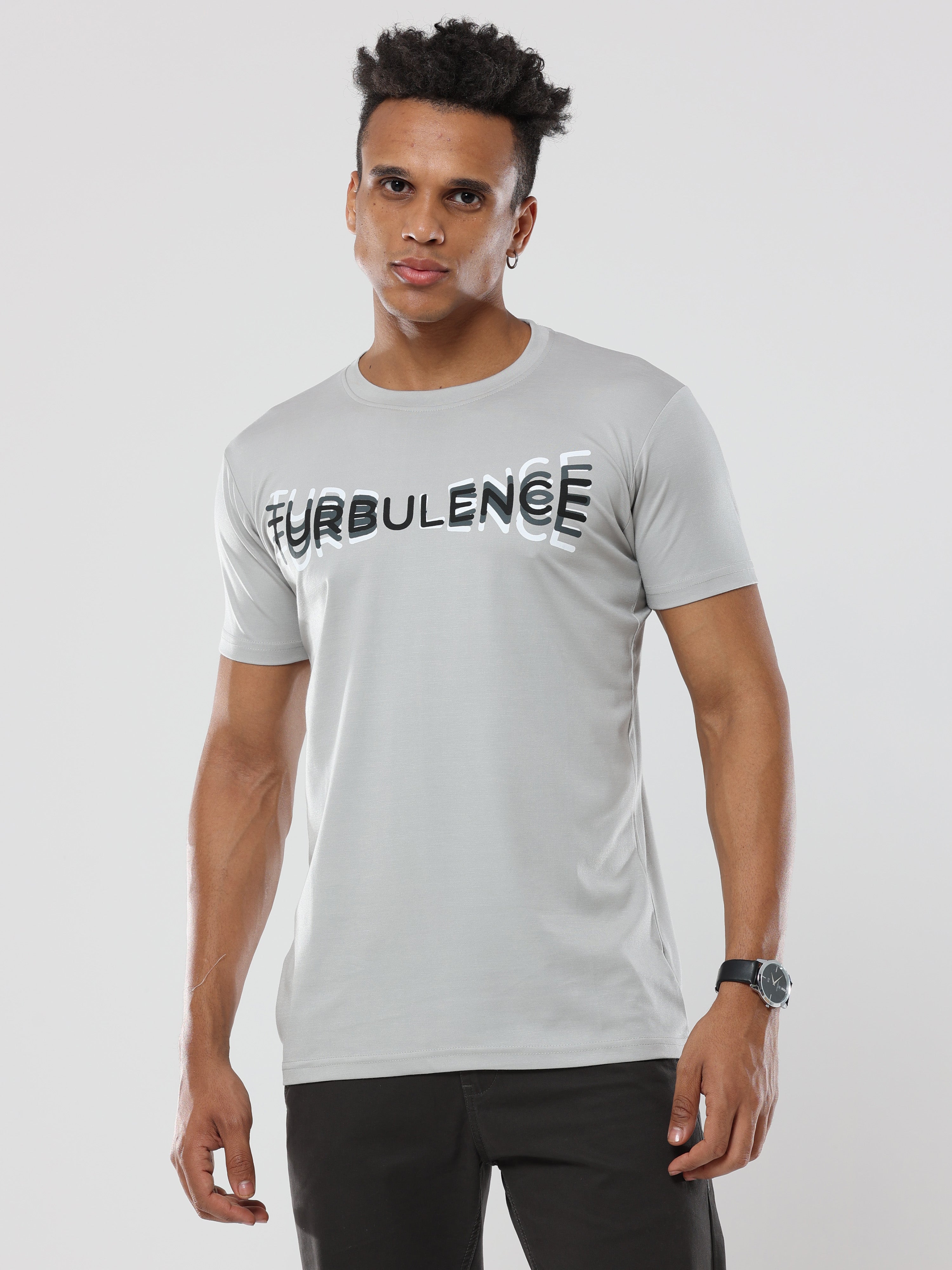 تي شيرت رجالي كلاسيكي إيطالي مطبوع عليه Turbulence باللون الرمادي الفاتح